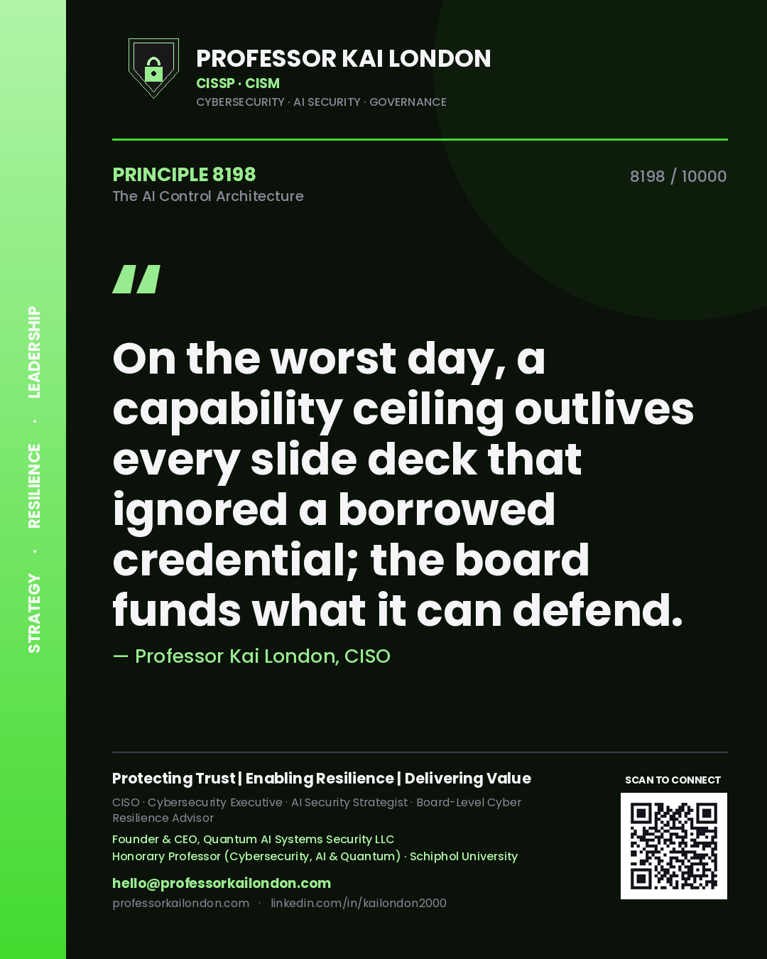 Professor Kai London principle 8198: On the worst day, a capability ceiling outlives every slide deck that ignored a borrowed credential; the board funds what it can defend.