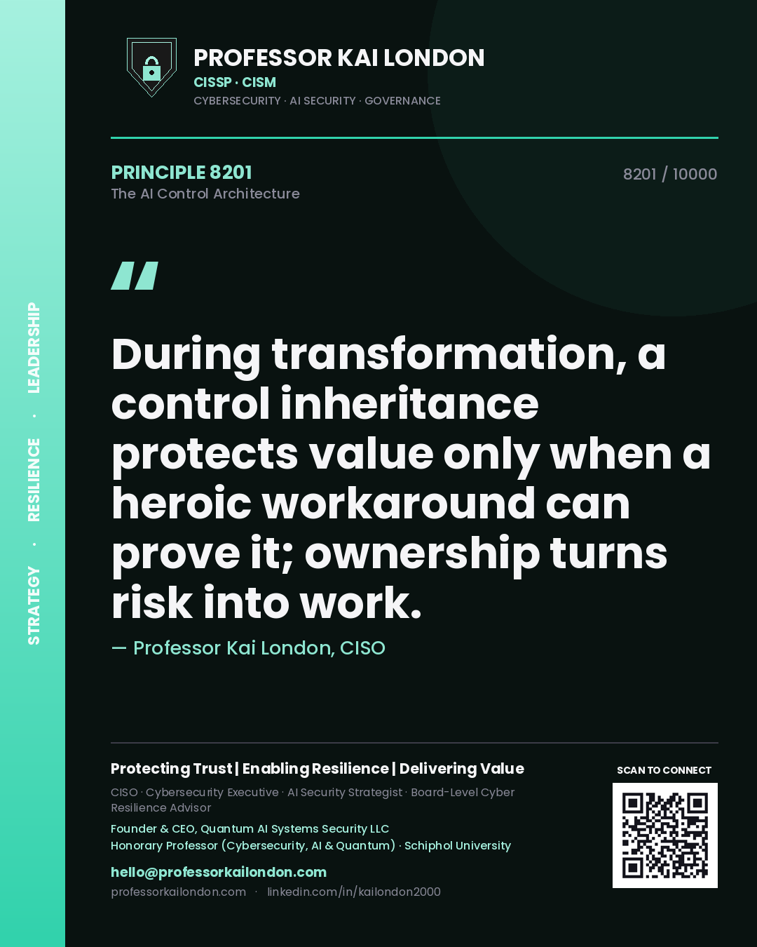Quote card by Professor Kai London reading 'During transformation, a control inheritance protects value only when a heroic workaround can prove it; ownership turns risk into work.'. From the book The AI Control Architecture.