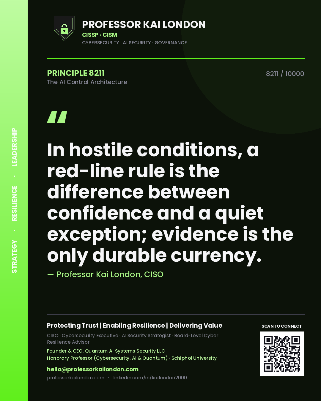 Quote card by Professor Kai London reading 'In hostile conditions, a red-line rule is the difference between confidence and a quiet exception; evidence is the only durable currency.'. From the book The AI Control Architecture.