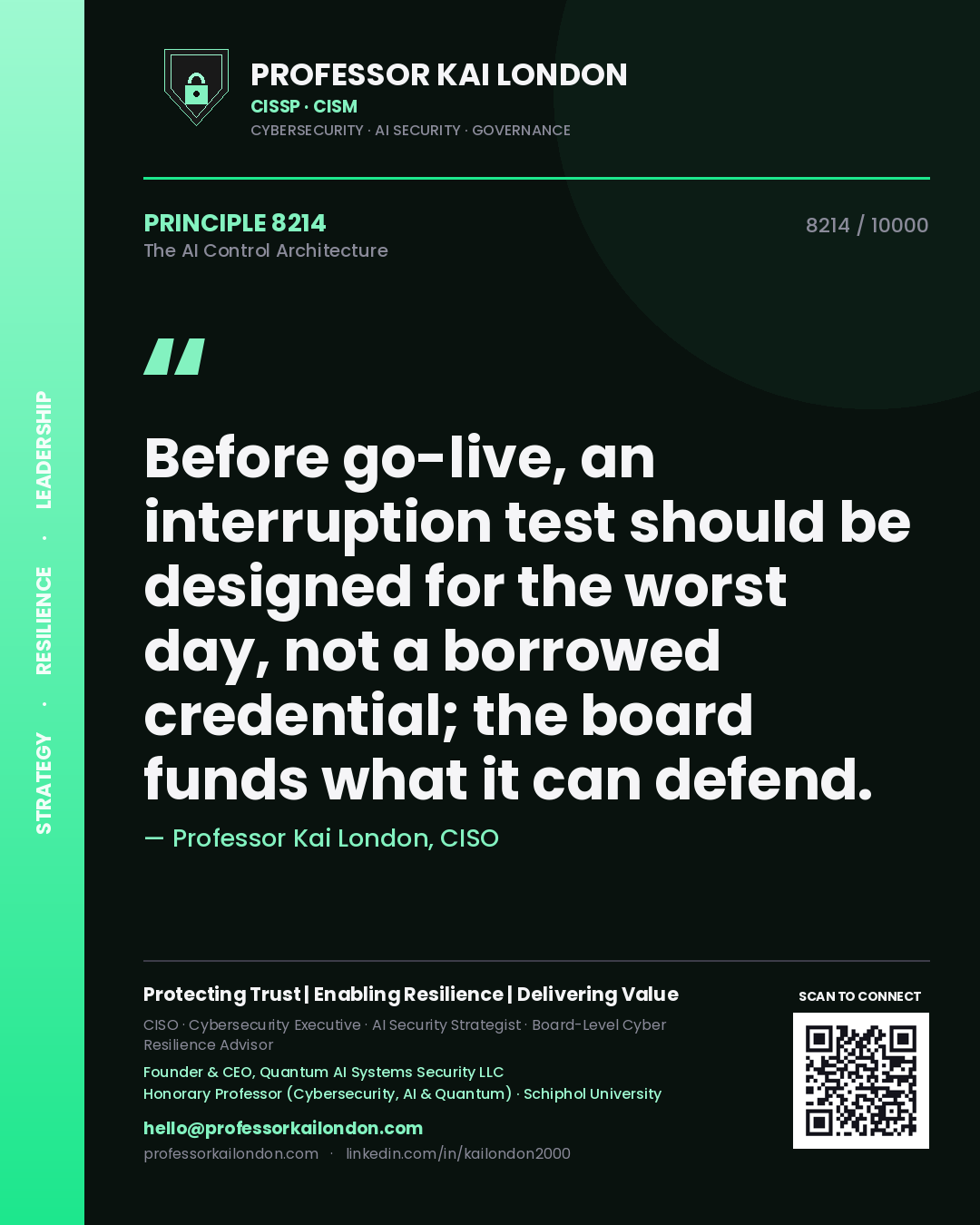 Quote card by Professor Kai London reading 'Before go-live, an interruption test should be designed for the worst day, not a borrowed credential; the board funds what it can defend.'. From the book The AI Control Architecture.