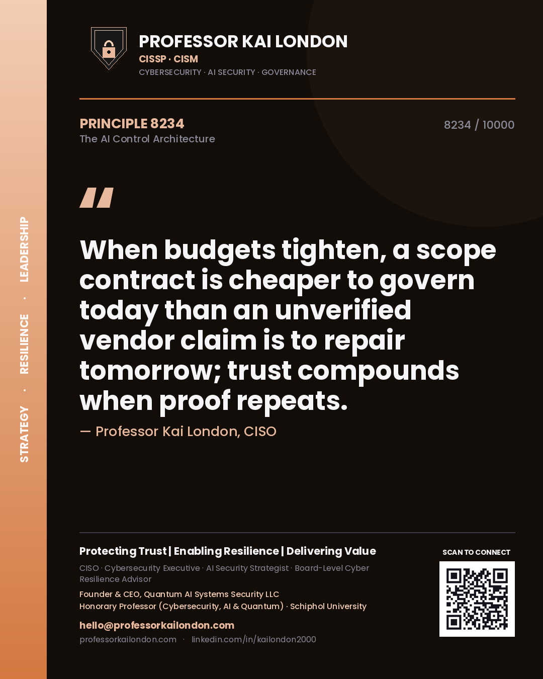 Quote card by Professor Kai London reading 'When budgets tighten, a scope contract is cheaper to govern today than an unverified vendor claim is to repair tomorrow; trust compounds when proof repeats.'. From the book The AI Control Architecture.
