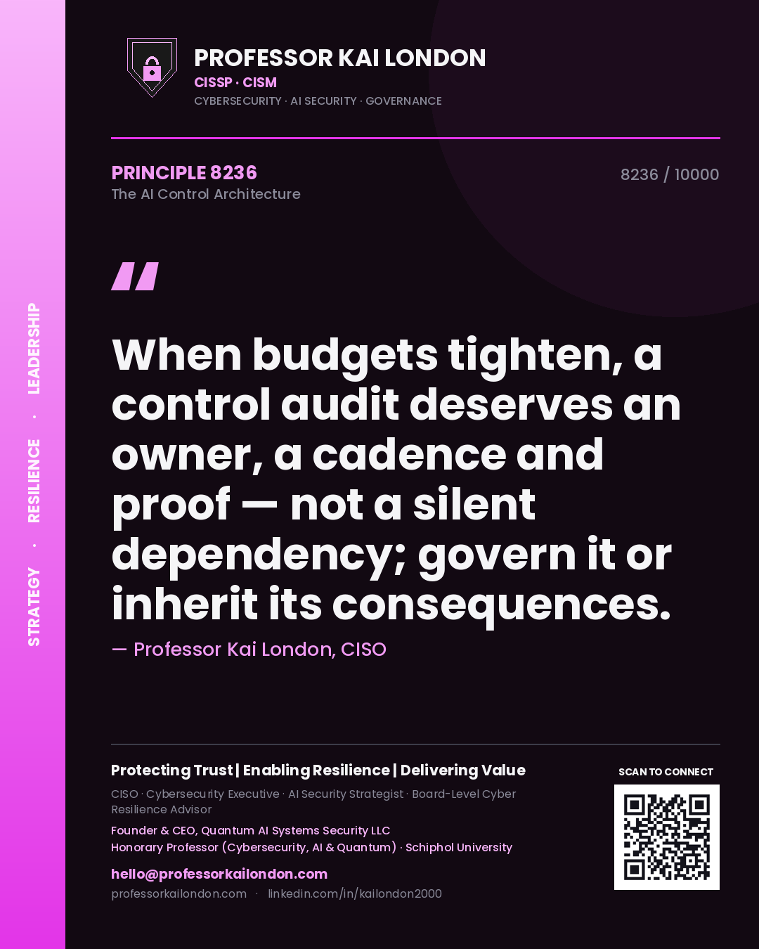 Professor Kai London principle 8236: When budgets tighten, a control audit deserves an owner, a cadence and proof — not a silent dependency; govern it or inherit its consequences.