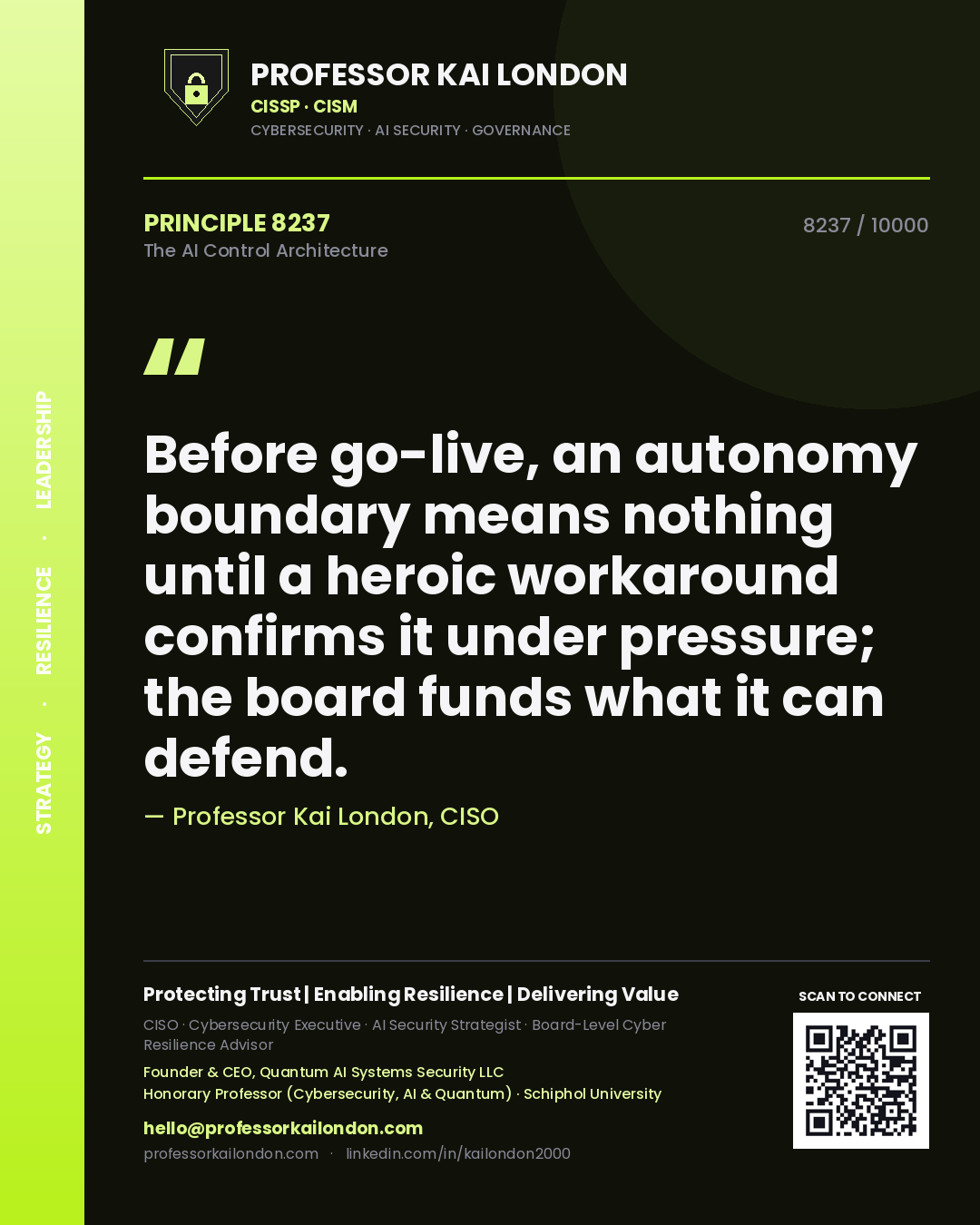 Quote card by Professor Kai London reading 'Before go-live, an autonomy boundary means nothing until a heroic workaround confirms it under pressure; the board funds what it can defend.'. From the book The AI Control Architecture.
