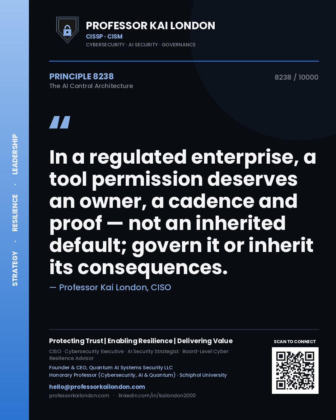 Quote card by Professor Kai London reading 'In a regulated enterprise, a tool permission deserves an owner, a cadence and proof — not an inherited default; govern it or inherit its consequences.'. From the book The AI Control Architecture.