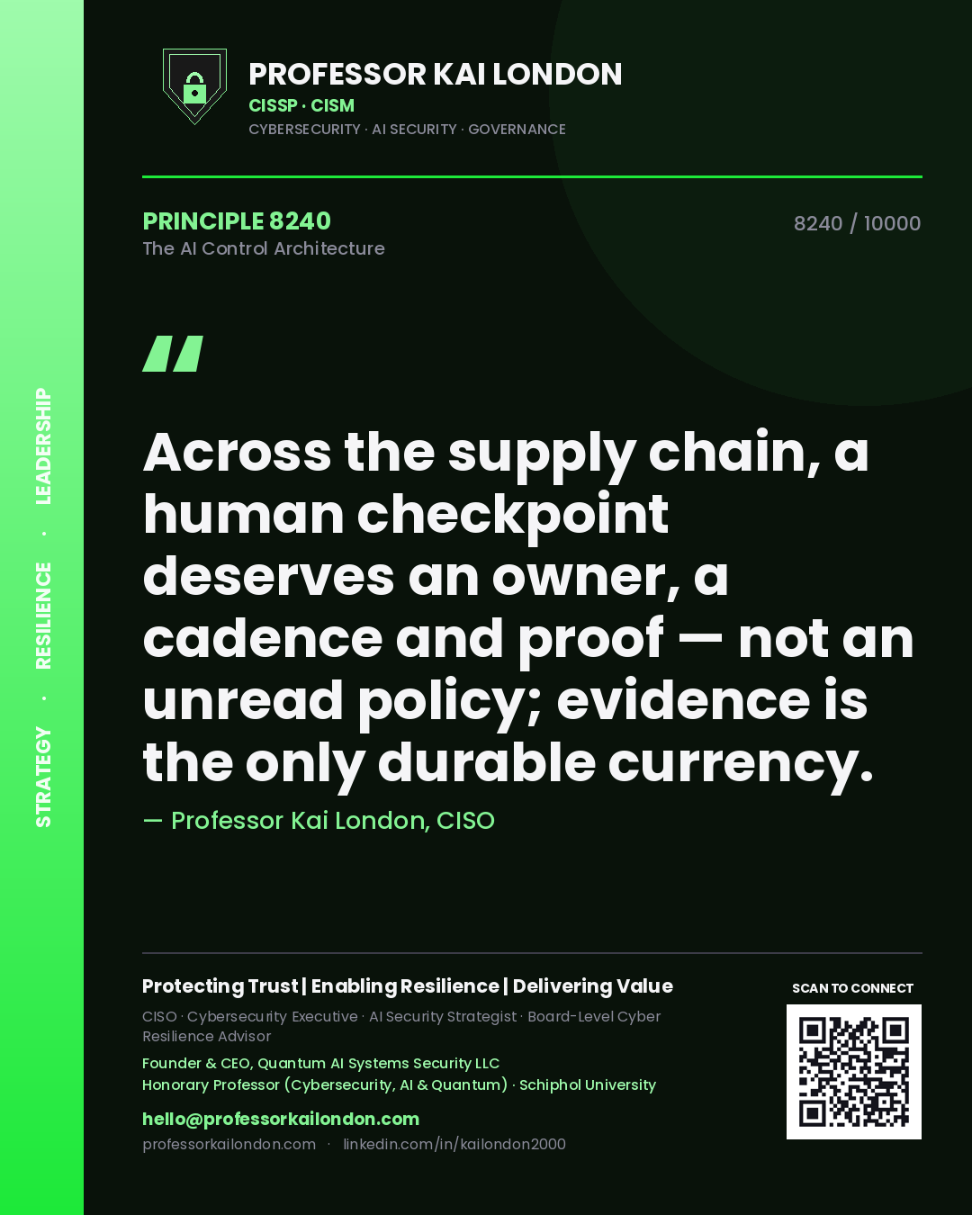Quote card by Professor Kai London reading 'Across the supply chain, a human checkpoint deserves an owner, a cadence and proof — not an unread policy; evidence is the only durable currency.'. From the book The AI Control Architecture.