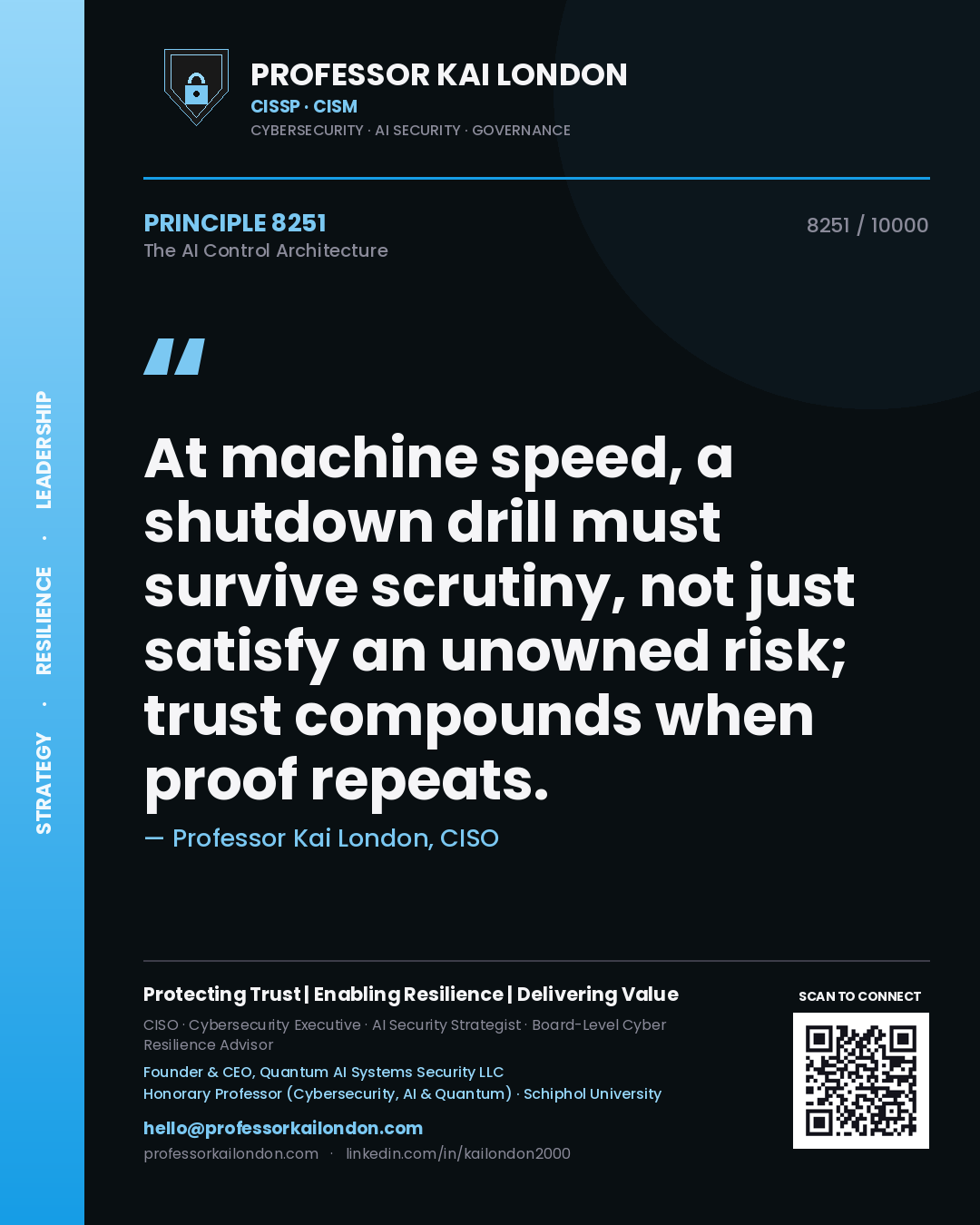 Quote card by Professor Kai London reading 'At machine speed, a shutdown drill must survive scrutiny, not just satisfy an unowned risk; trust compounds when proof repeats.'. From the book The AI Control Architecture.