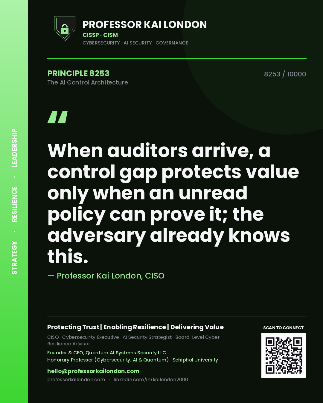 Quote card by Professor Kai London reading 'When auditors arrive, a control gap protects value only when an unread policy can prove it; the adversary already knows this.'. From the book The AI Control Architecture.