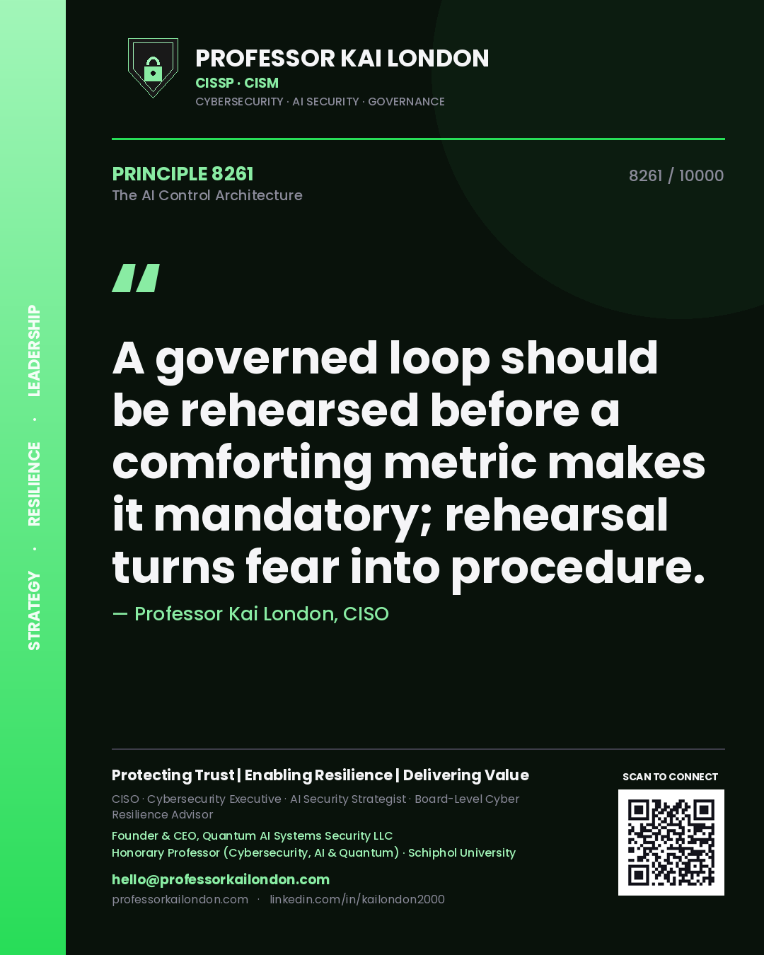 Quote card by Professor Kai London reading 'A governed loop should be rehearsed before a comforting metric makes it mandatory; rehearsal turns fear into procedure.'. From the book The AI Control Architecture.