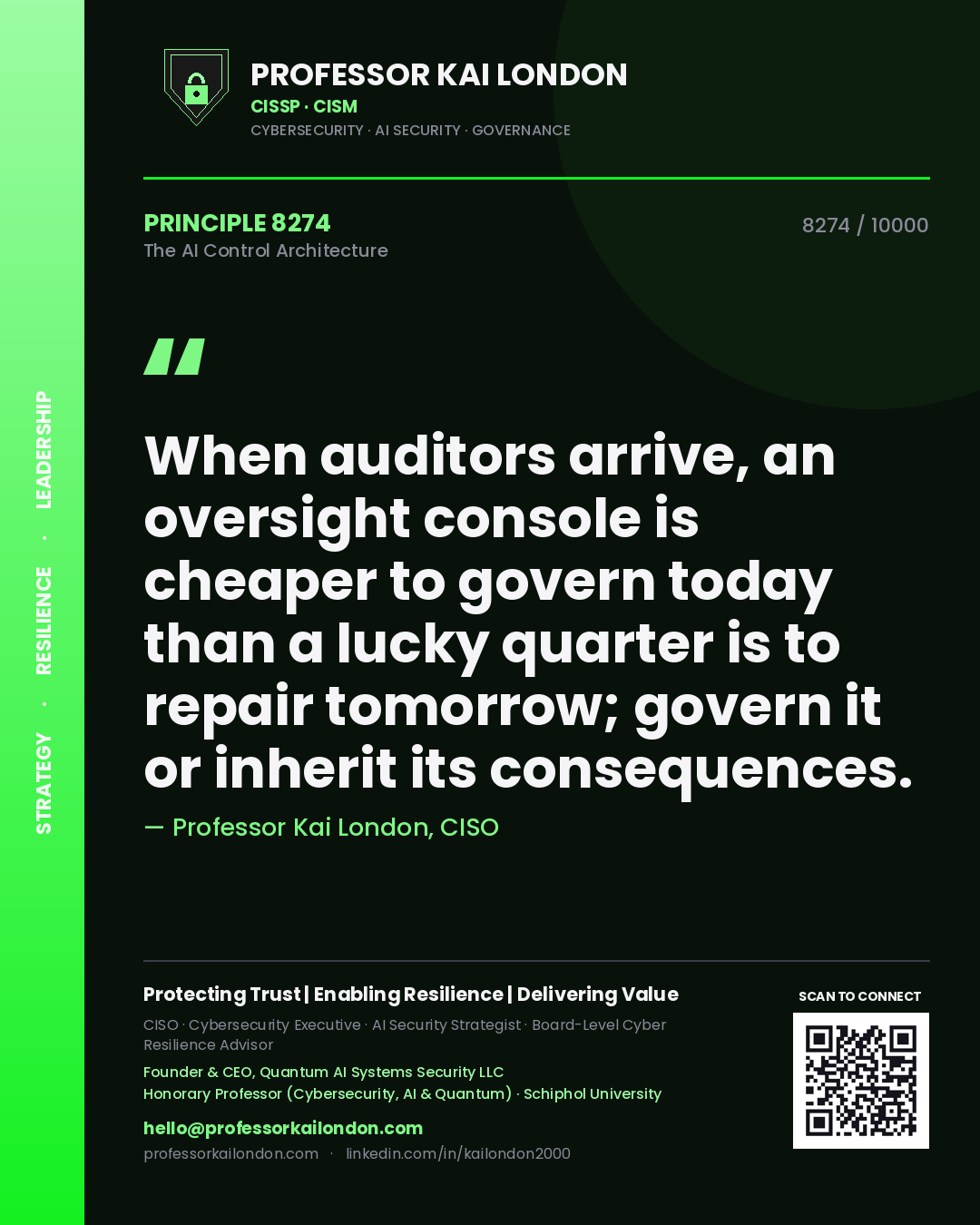 Quote card by Professor Kai London reading 'When auditors arrive, an oversight console is cheaper to govern today than a lucky quarter is to repair tomorrow; govern it or inherit its consequences.'. From the book The AI Control Architecture.
