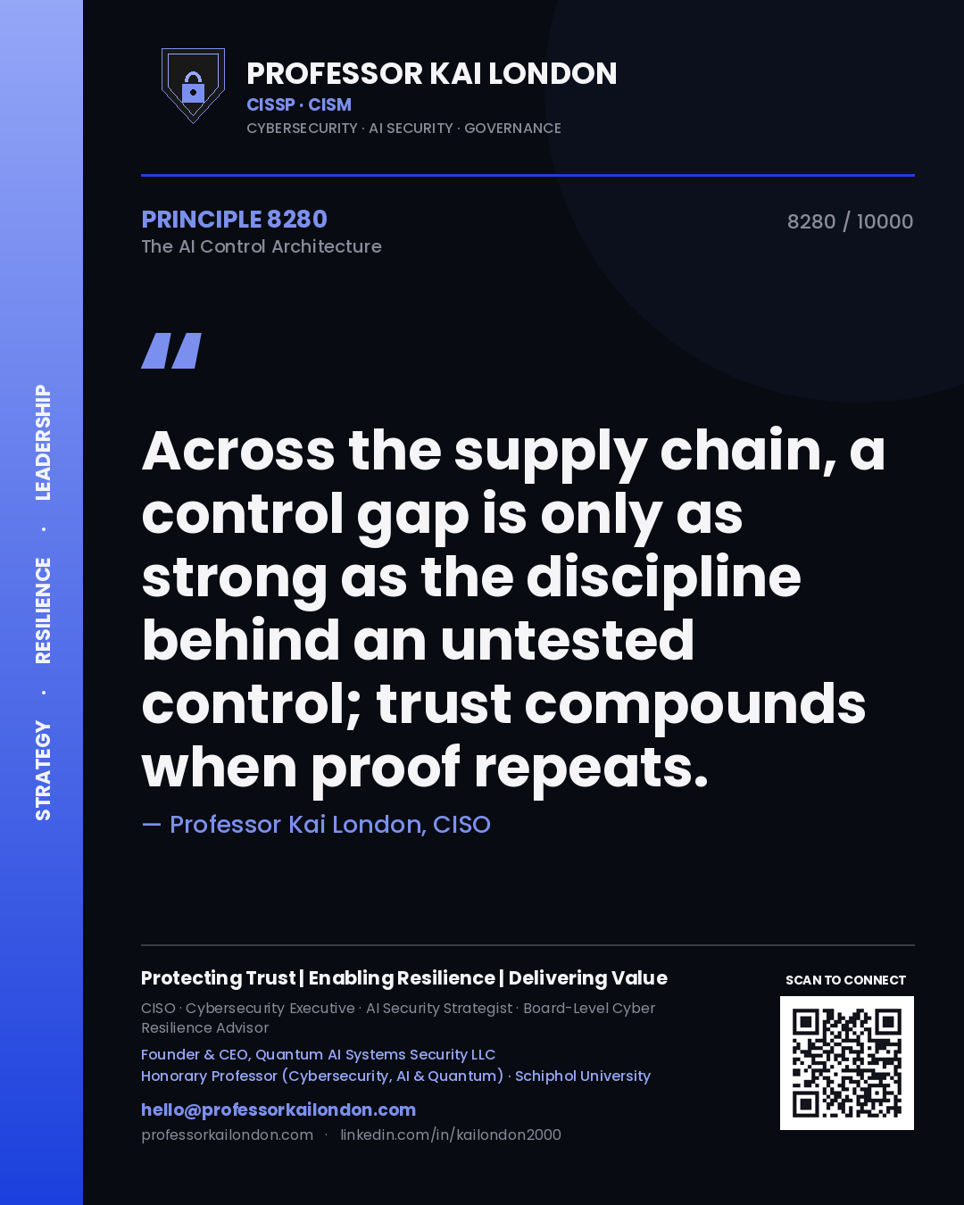 Quote card by Professor Kai London reading 'Across the supply chain, a control gap is only as strong as the discipline behind an untested control; trust compounds when proof repeats.'. From the book The AI Control Architecture.