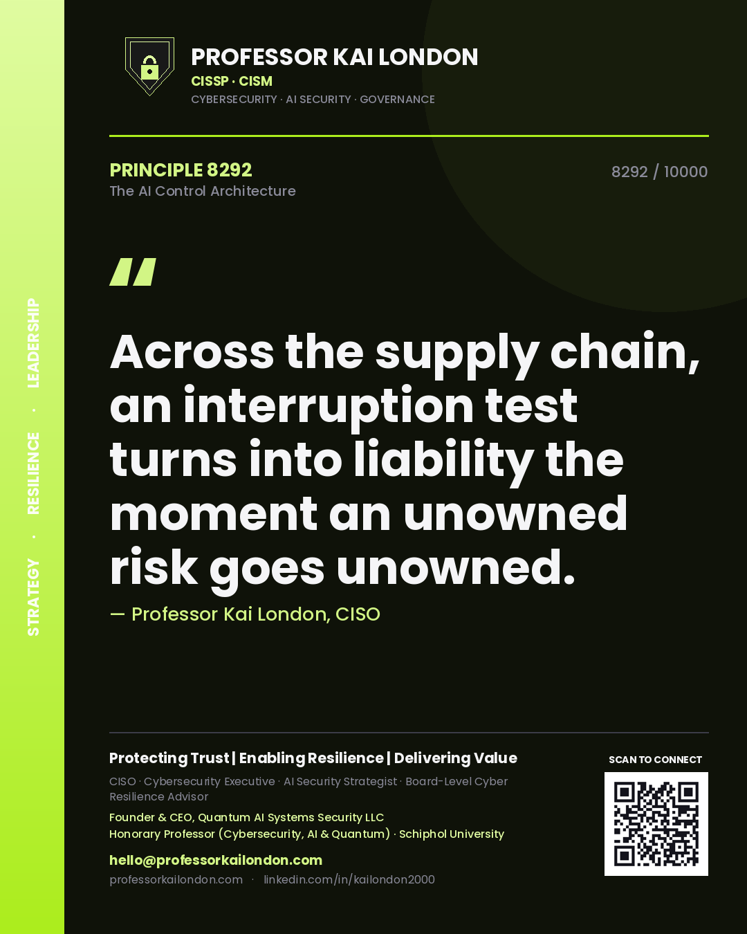 Professor Kai London principle 8292: Across the supply chain, an interruption test turns into liability the moment an unowned risk goes unowned.