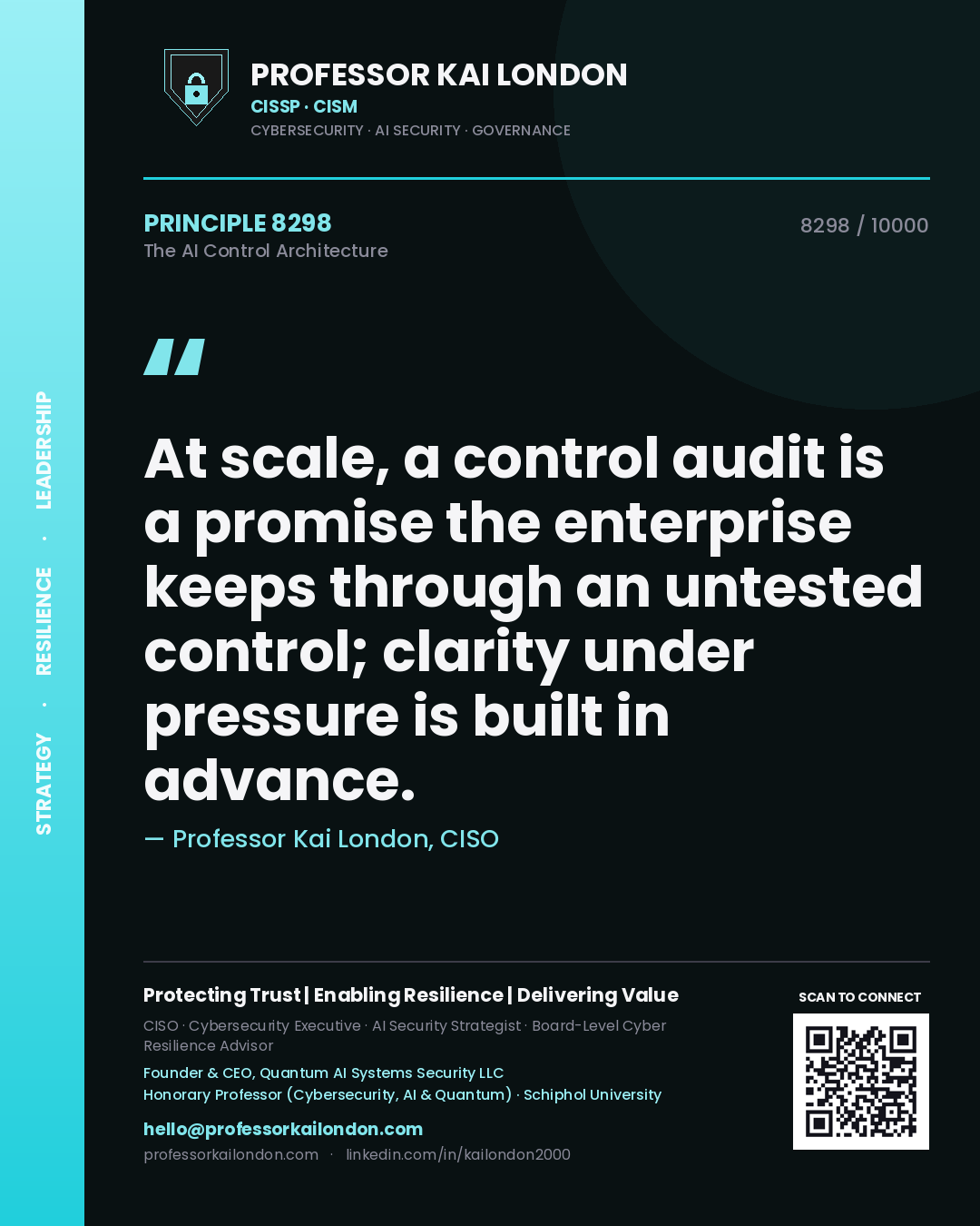 Professor Kai London principle 8298: At scale, a control audit is a promise the enterprise keeps through an untested control; clarity under pressure is built in advance.