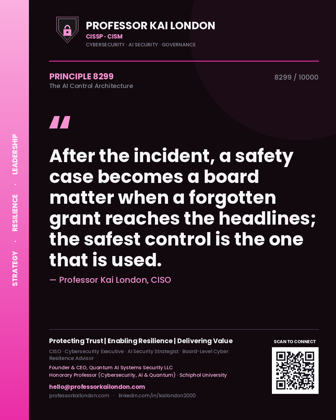 Quote card by Professor Kai London reading 'After the incident, a safety case becomes a board matter when a forgotten grant reaches the headlines; the safest control is the one that is used.'. From the book The AI Control Architecture.
