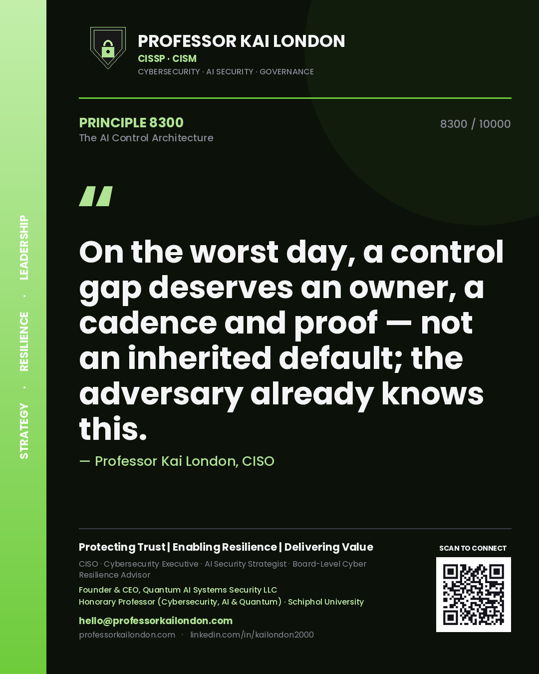 Quote card by Professor Kai London reading 'On the worst day, a control gap deserves an owner, a cadence and proof — not an inherited default; the adversary already knows this.'. From the book The AI Control Architecture.