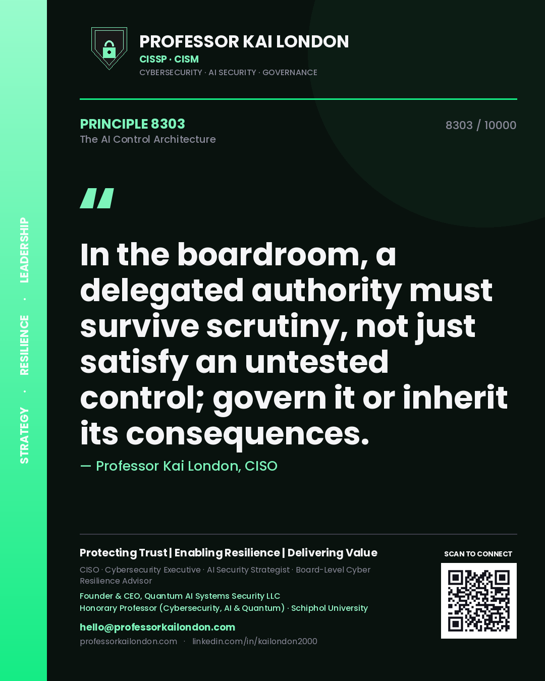Professor Kai London principle 8303: In the boardroom, a delegated authority must survive scrutiny, not just satisfy an untested control; govern it or inherit its consequences.