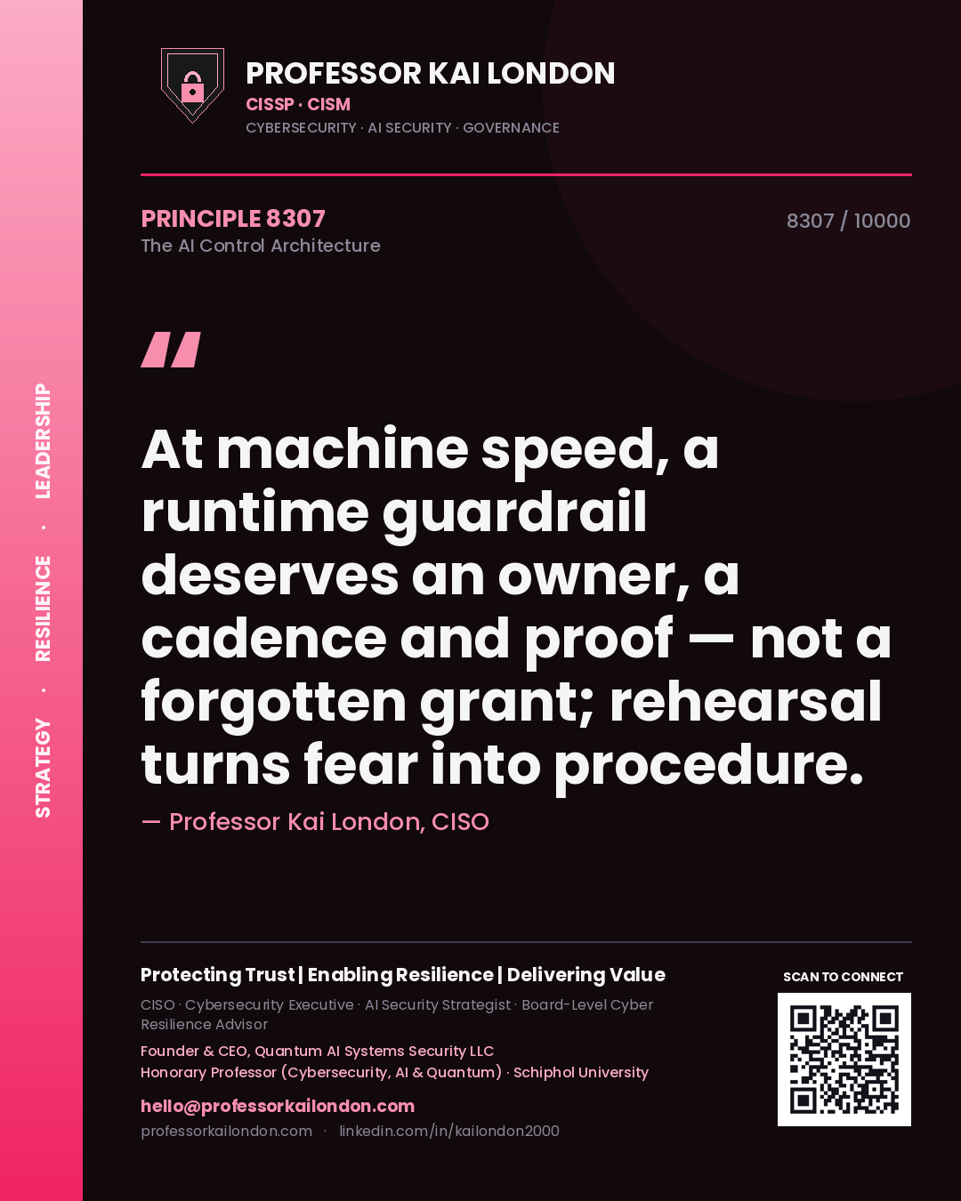 Professor Kai London principle 8307: At machine speed, a runtime guardrail deserves an owner, a cadence and proof — not a forgotten grant; rehearsal turns fear into procedure.