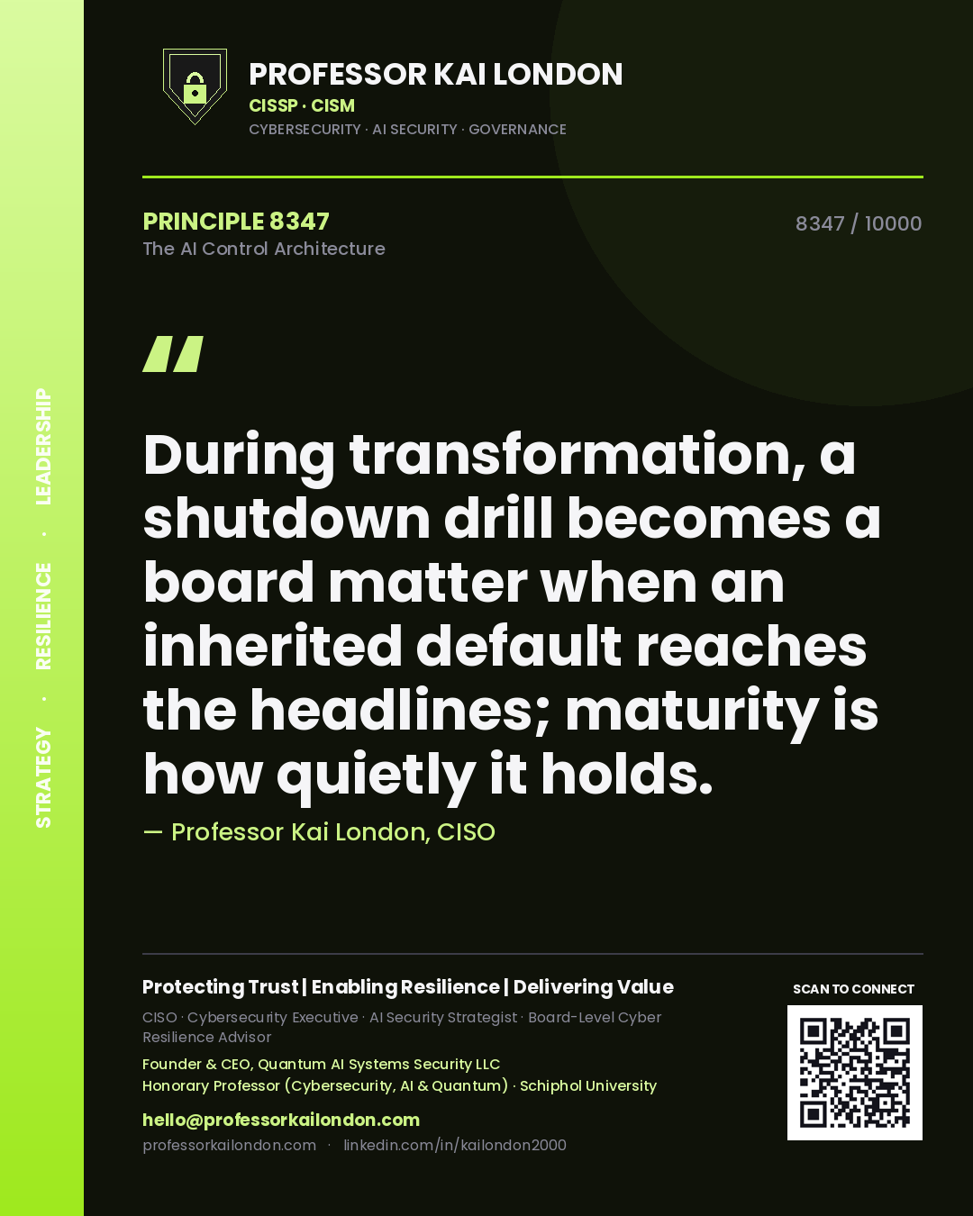 Quote card by Professor Kai London reading 'During transformation, a shutdown drill becomes a board matter when an inherited default reaches the headlines; maturity is how quietly it holds.'. From the book The AI Control Architecture.