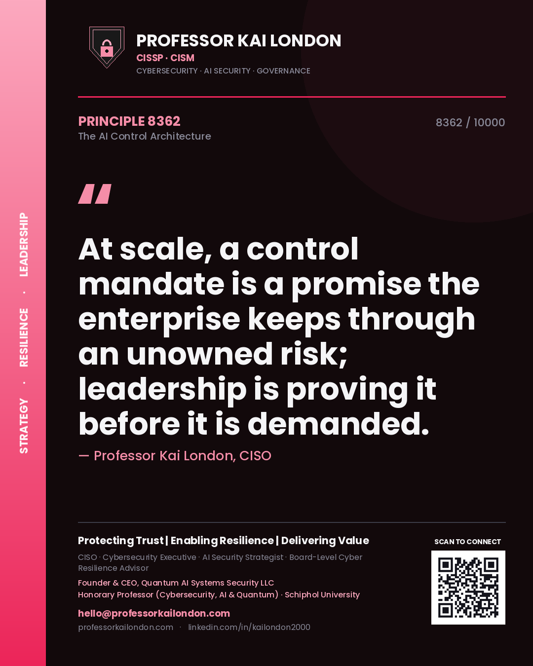 Quote card by Professor Kai London reading 'At scale, a control mandate is a promise the enterprise keeps through an unowned risk; leadership is proving it before it is demanded.'. From the book The AI Control Architecture.