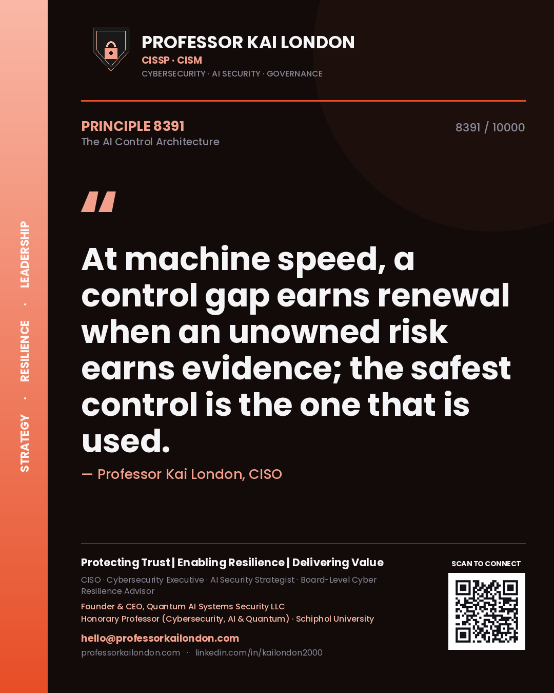 Quote card by Professor Kai London reading 'At machine speed, a control gap earns renewal when an unowned risk earns evidence; the safest control is the one that is used.'. From the book The AI Control Architecture.