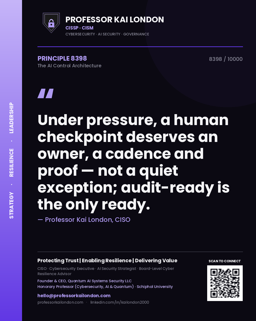 Quote card by Professor Kai London reading 'Under pressure, a human checkpoint deserves an owner, a cadence and proof — not a quiet exception; audit-ready is the only ready.'. From the book The AI Control Architecture.