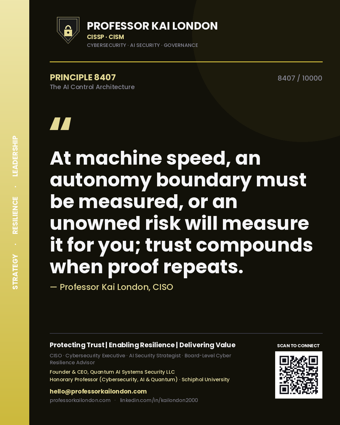 Quote card by Professor Kai London reading 'At machine speed, an autonomy boundary must be measured, or an unowned risk will measure it for you; trust compounds when proof repeats.'. From the book The AI Control Architecture.