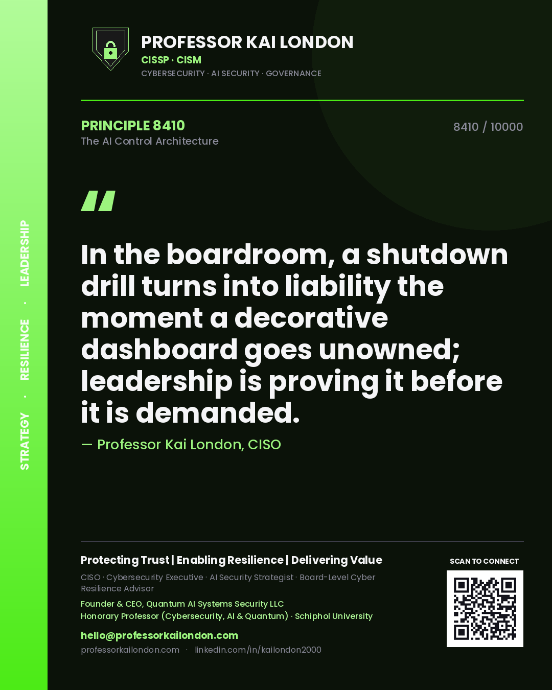 Professor Kai London principle 8410: In the boardroom, a shutdown drill turns into liability the moment a decorative dashboard goes unowned; leadership is proving it before it is demanded.