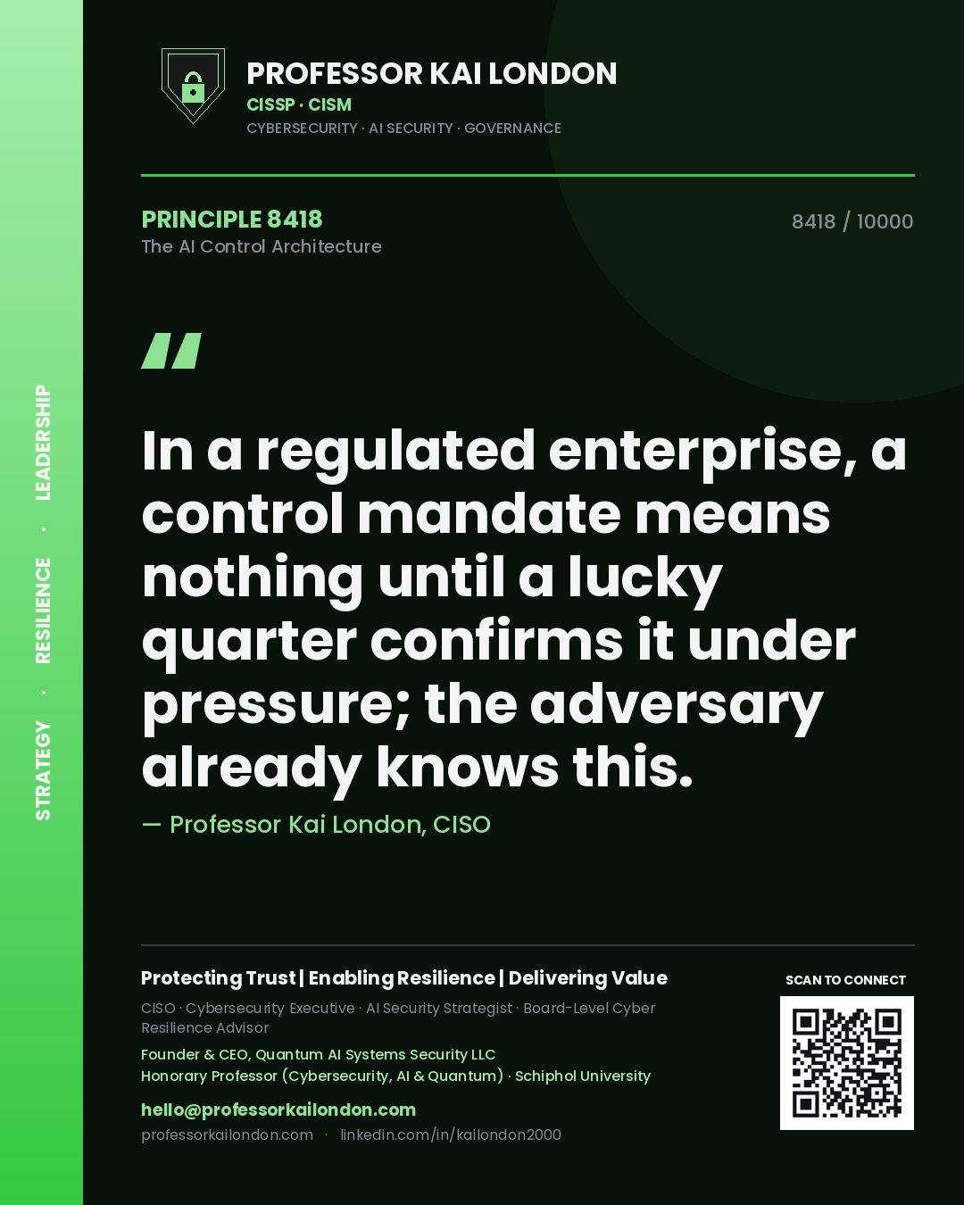 Quote card by Professor Kai London reading 'In a regulated enterprise, a control mandate means nothing until a lucky quarter confirms it under pressure; the adversary already knows this.'. From the book The AI Control Architecture.