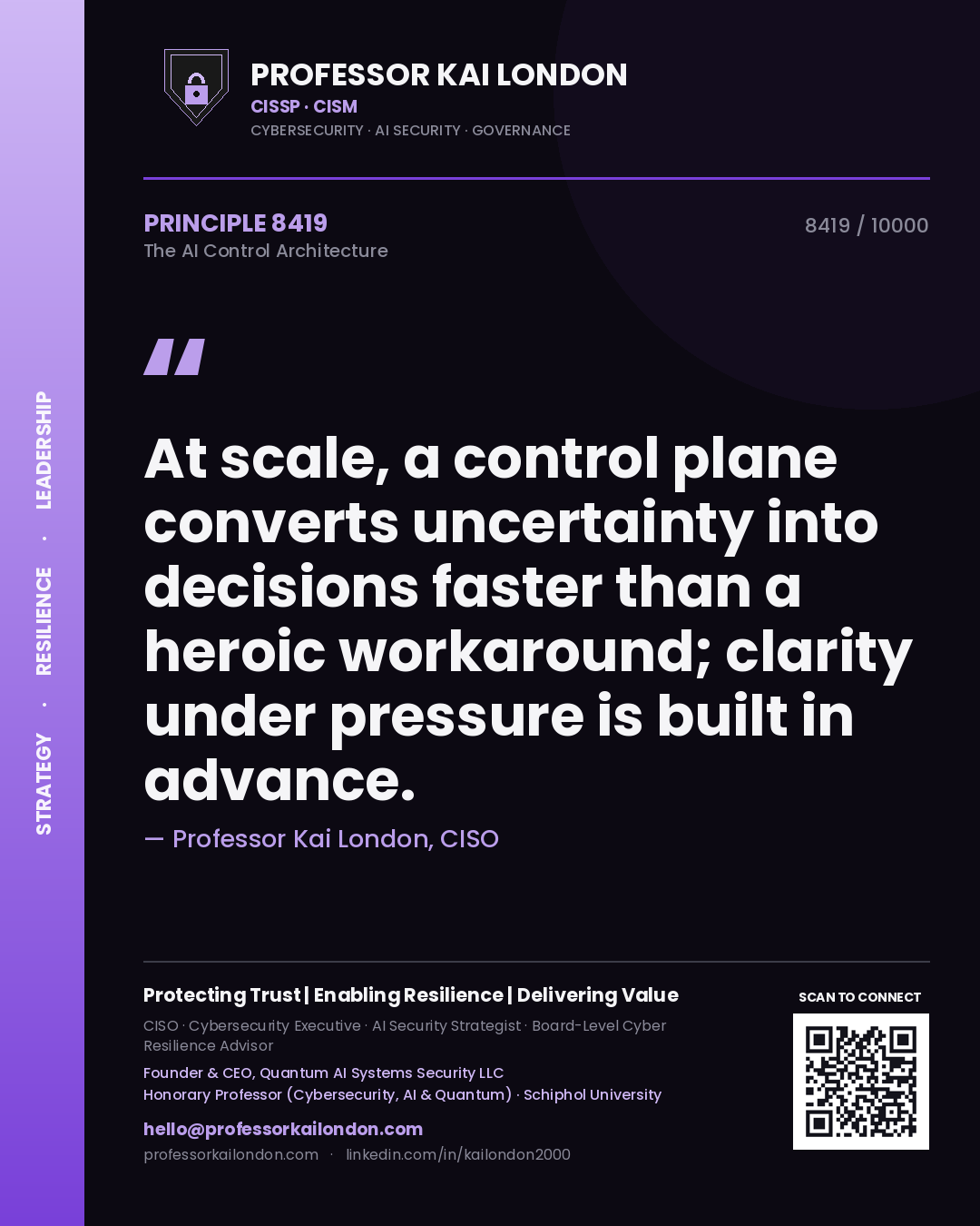 Quote card by Professor Kai London reading 'At scale, a control plane converts uncertainty into decisions faster than a heroic workaround; clarity under pressure is built in advance.'. From the book The AI Control Architecture.