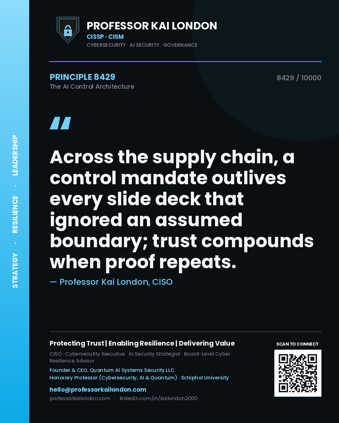 Quote card by Professor Kai London reading 'Across the supply chain, a control mandate outlives every slide deck that ignored an assumed boundary; trust compounds when proof repeats.'. From the book The AI Control Architecture.