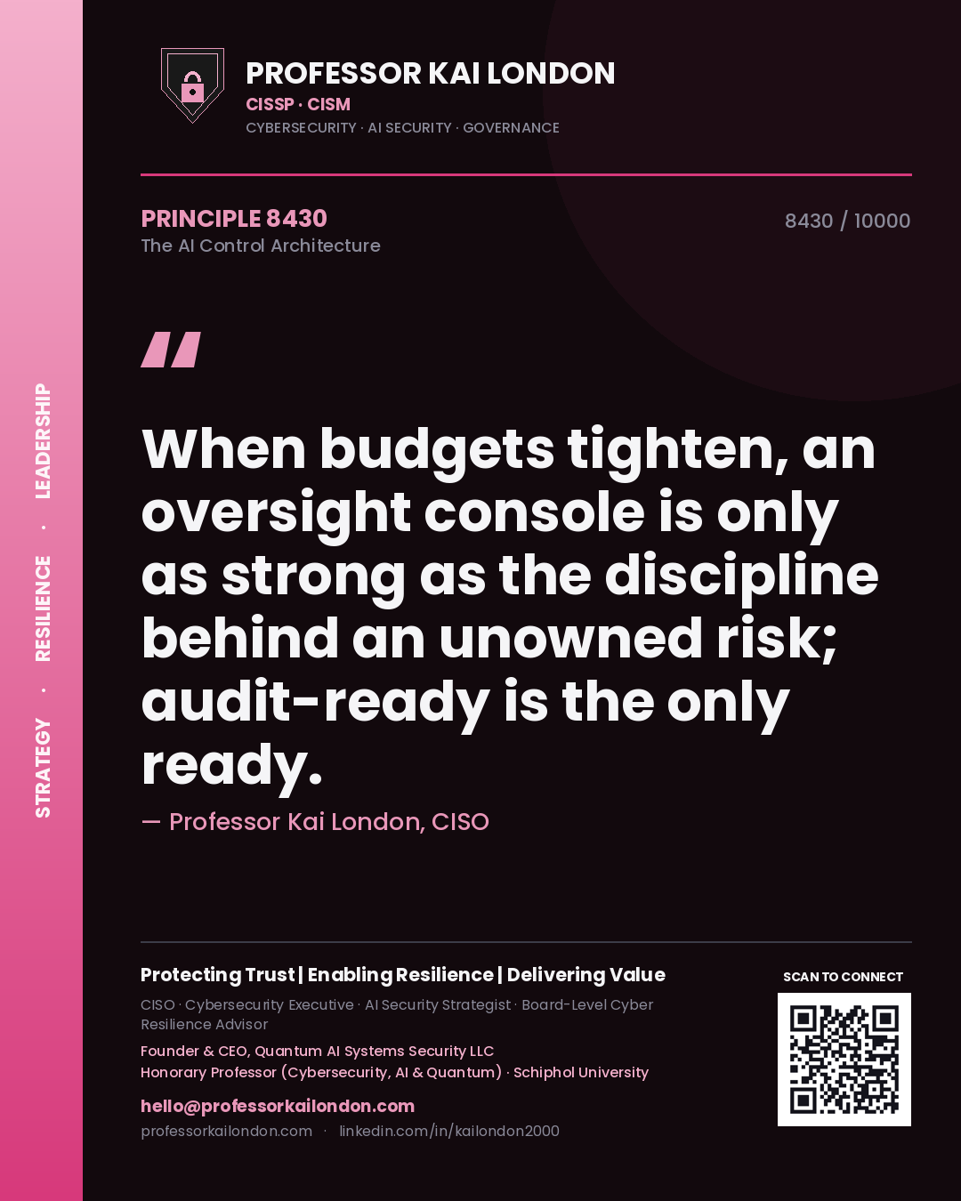 Quote card by Professor Kai London reading 'When budgets tighten, an oversight console is only as strong as the discipline behind an unowned risk; audit-ready is the only ready.'. From the book The AI Control Architecture.