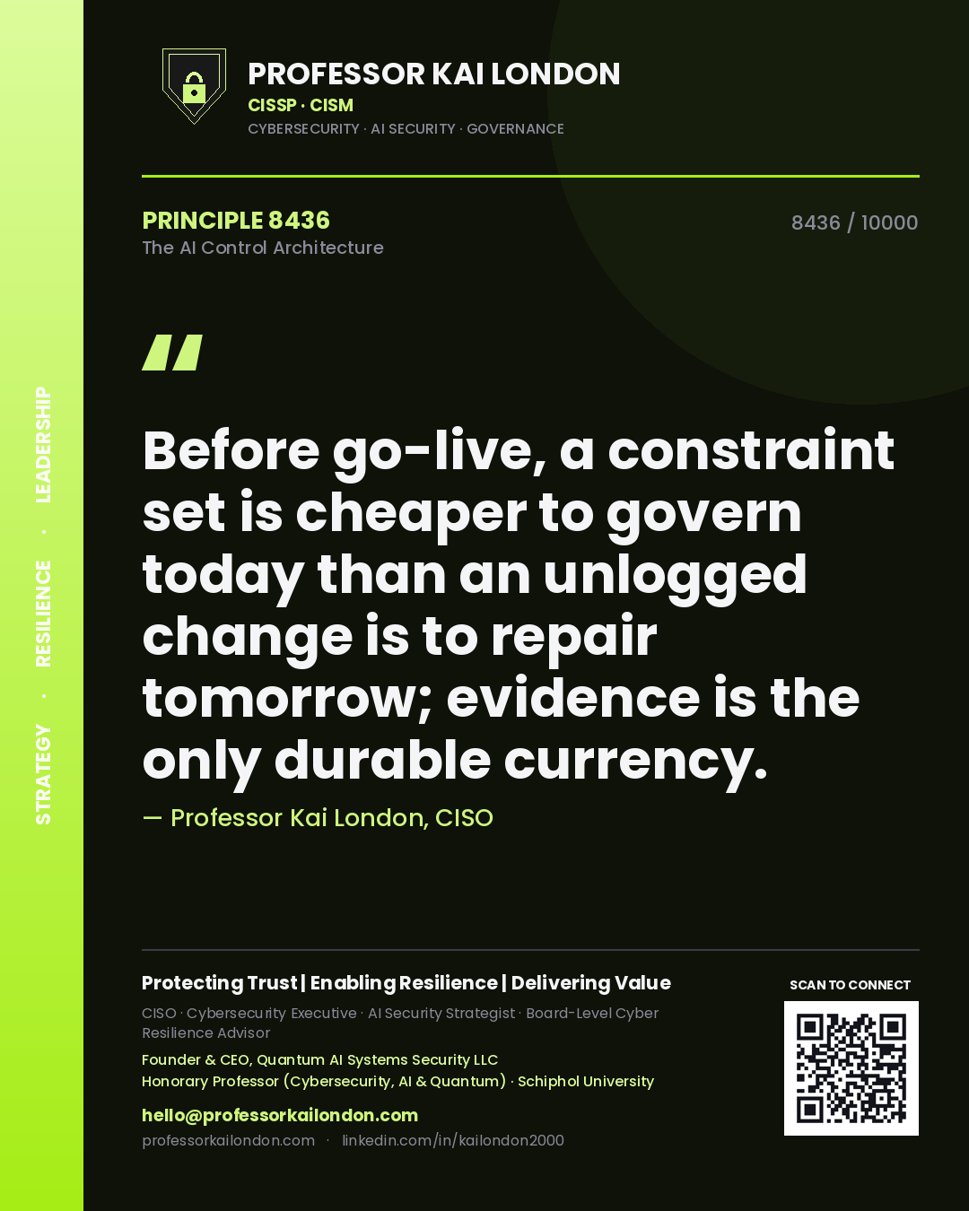Quote card by Professor Kai London reading 'Before go-live, a constraint set is cheaper to govern today than an unlogged change is to repair tomorrow; evidence is the only durable currency.'. From the book The AI Control Architecture.