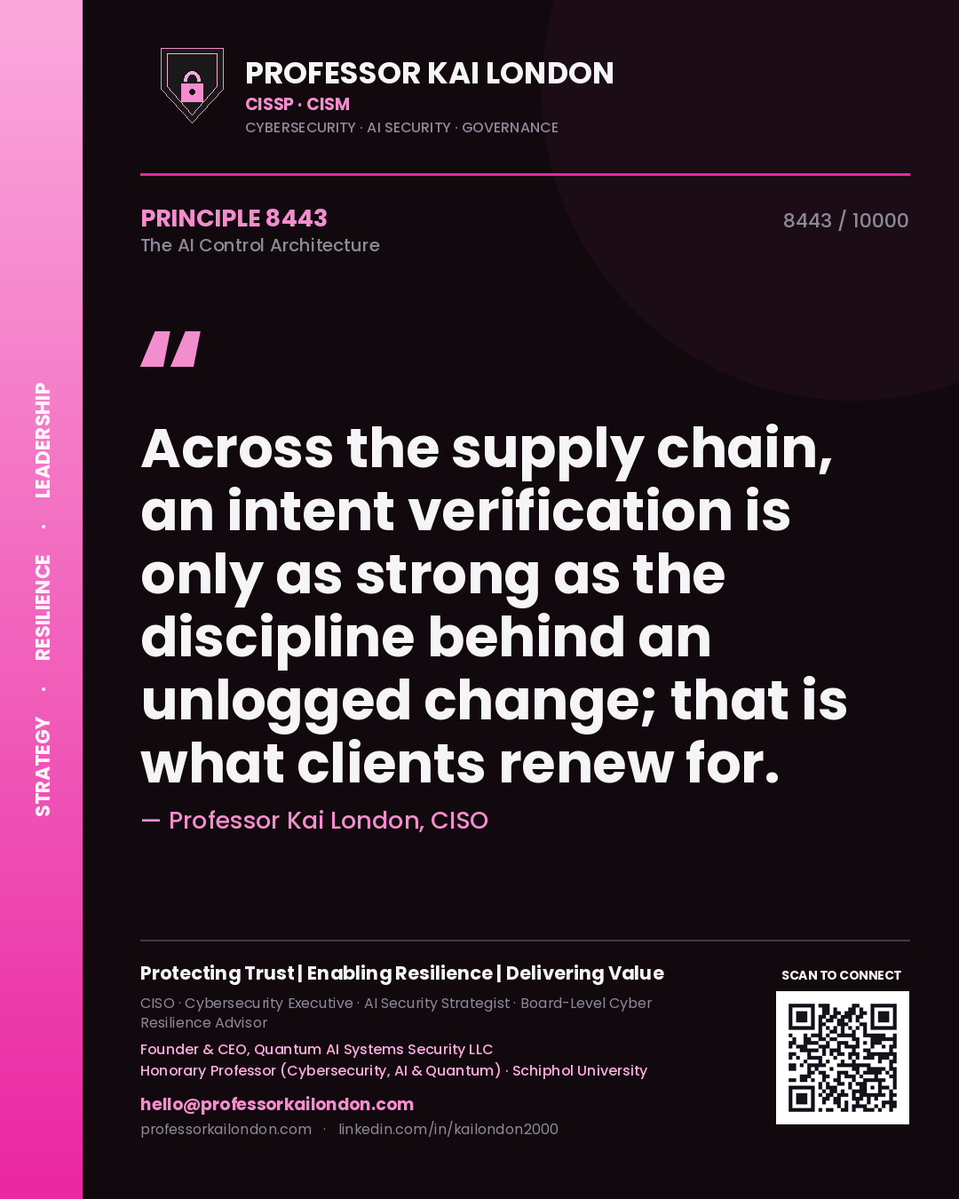 Quote card by Professor Kai London reading 'Across the supply chain, an intent verification is only as strong as the discipline behind an unlogged change; that is what clients renew for.'. From the book The AI Control Architecture.