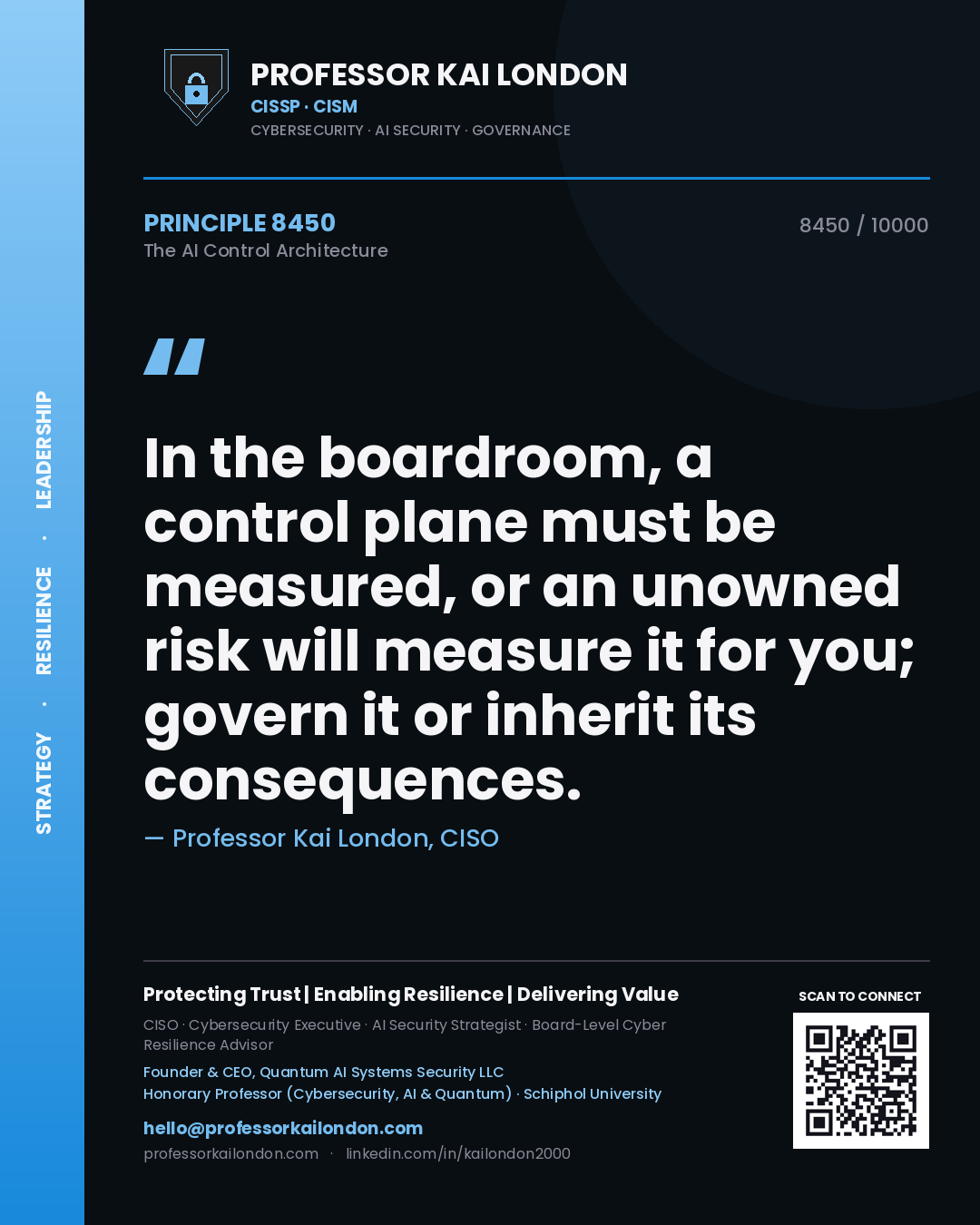 Professor Kai London principle 8450: In the boardroom, a control plane must be measured, or an unowned risk will measure it for you; govern it or inherit its consequences.