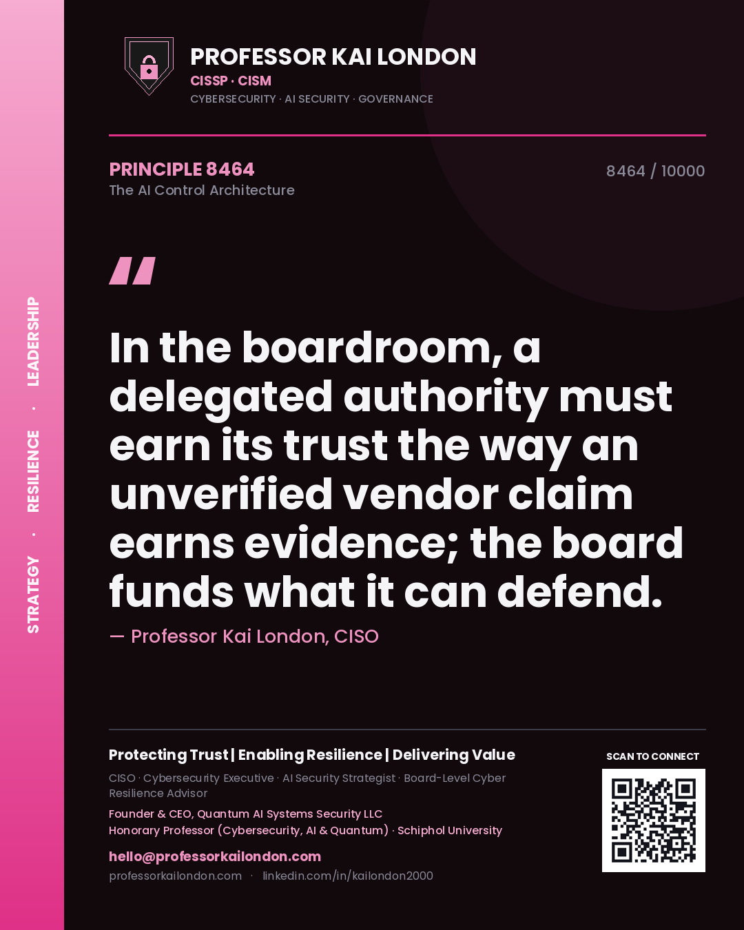 Quote card by Professor Kai London reading 'In the boardroom, a delegated authority must earn its trust the way an unverified vendor claim earns evidence; the board funds what it can defend.'. From the book The AI Control Architecture.