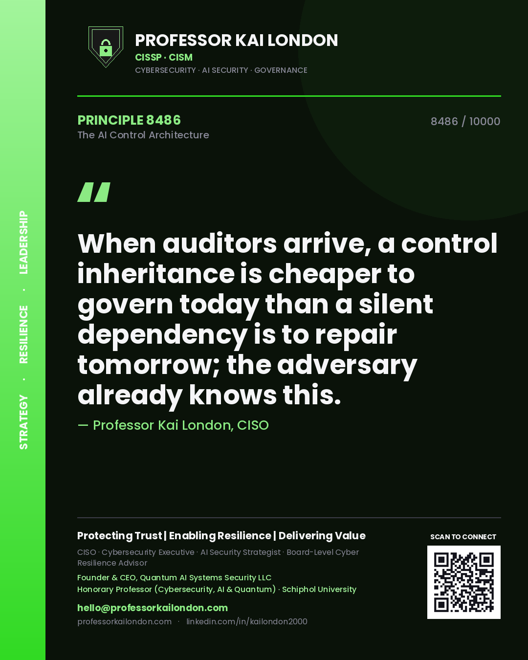 Professor Kai London principle 8486: When auditors arrive, a control inheritance is cheaper to govern today than a silent dependency is to repair tomorrow; the adversary already knows this.