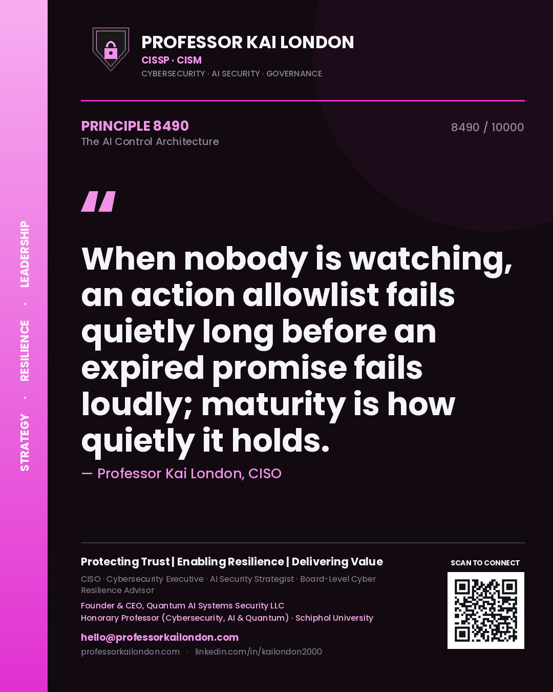 Quote card by Professor Kai London reading 'When nobody is watching, an action allowlist fails quietly long before an expired promise fails loudly; maturity is how quietly it holds.'. From the book The AI Control Architecture.