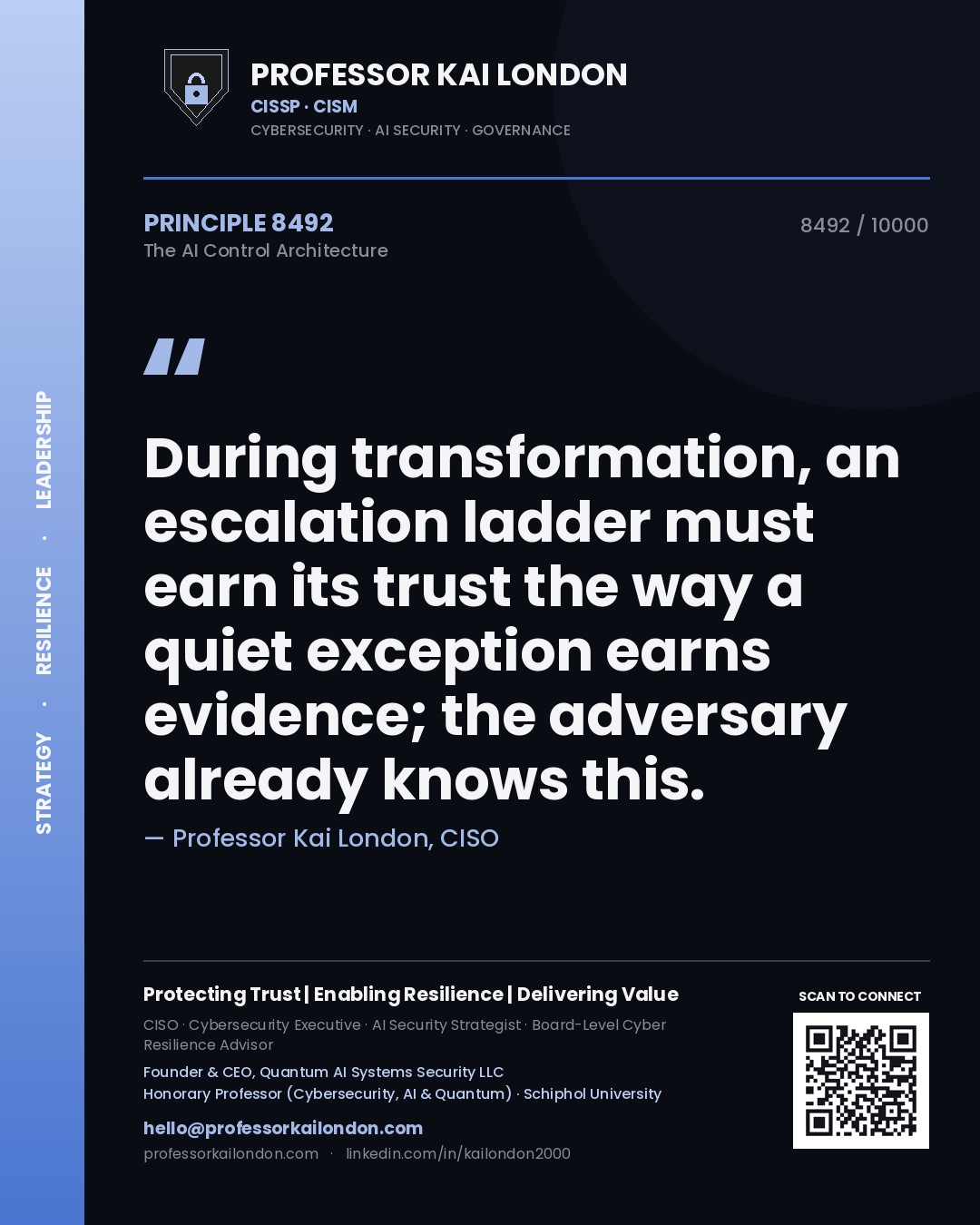 Quote card by Professor Kai London reading 'During transformation, an escalation ladder must earn its trust the way a quiet exception earns evidence; the adversary already knows this.'. From the book The AI Control Architecture.