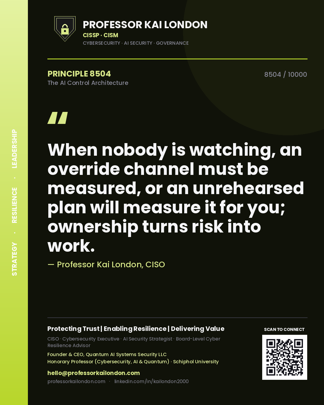 Quote card by Professor Kai London reading 'When nobody is watching, an override channel must be measured, or an unrehearsed plan will measure it for you; ownership turns risk into work.'. From the book The AI Control Architecture.