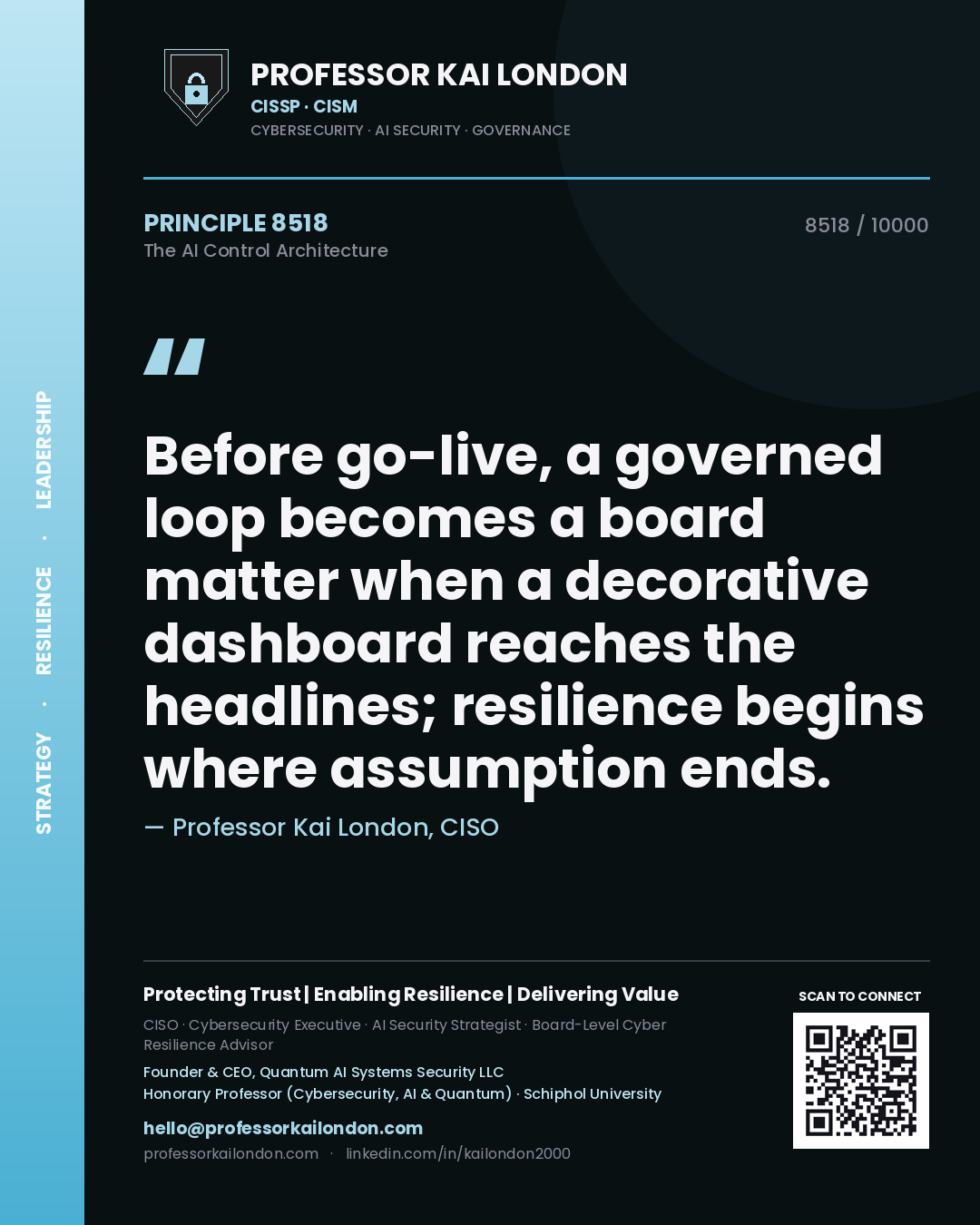 Professor Kai London principle 8518: Before go-live, a governed loop becomes a board matter when a decorative dashboard reaches the headlines; resilience begins where assumption ends.