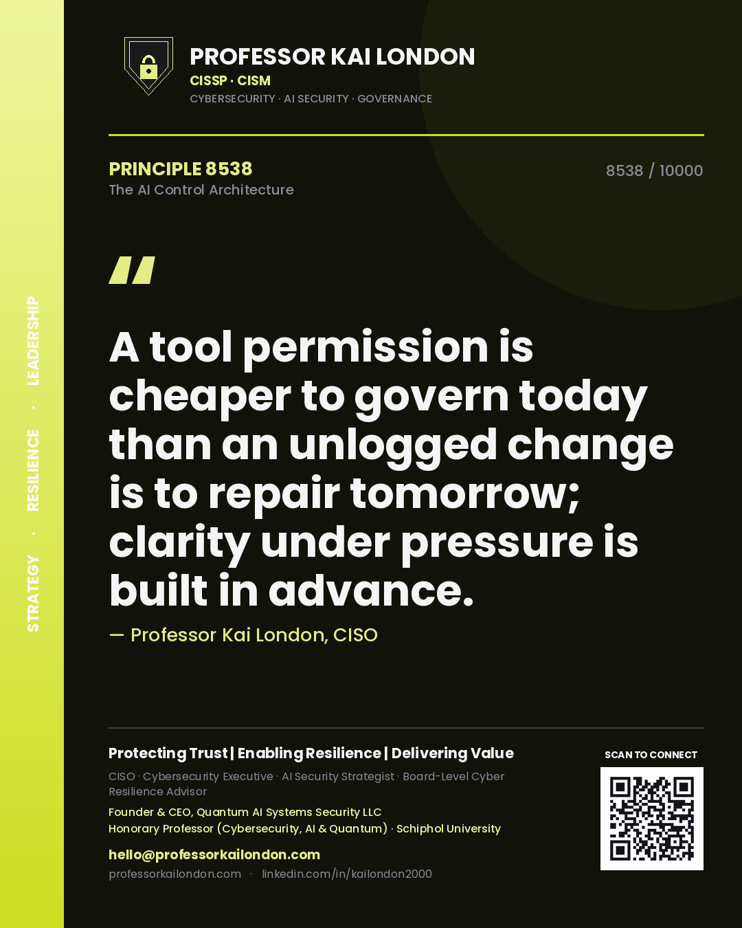 Quote card by Professor Kai London reading 'A tool permission is cheaper to govern today than an unlogged change is to repair tomorrow; clarity under pressure is built in advance.'. From the book The AI Control Architecture.