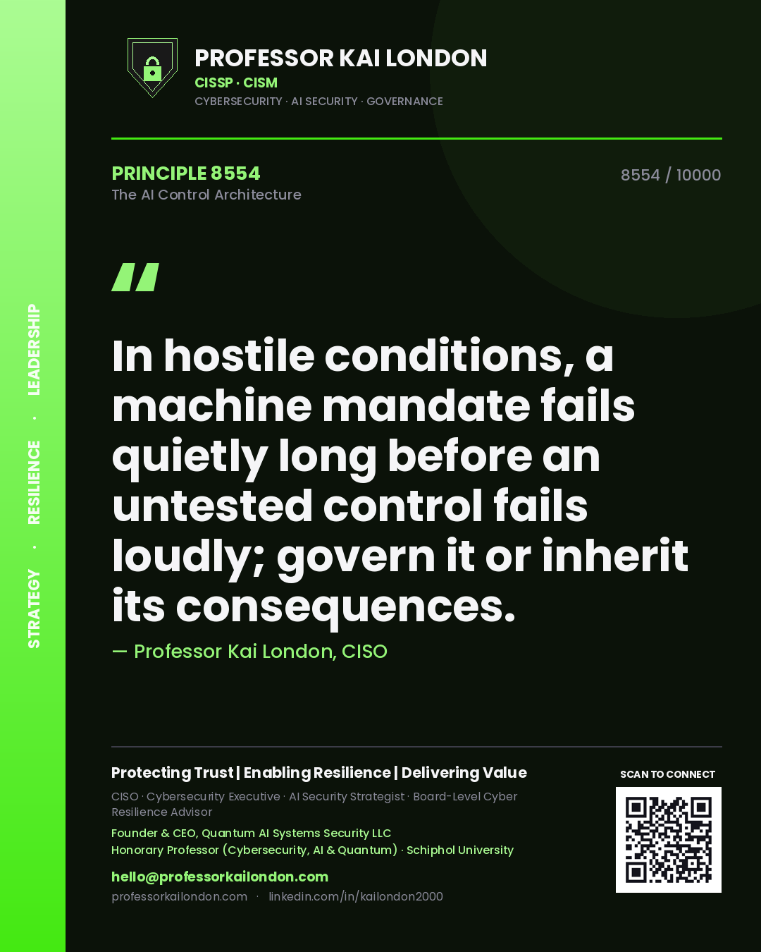 Professor Kai London principle 8554: In hostile conditions, a machine mandate fails quietly long before an untested control fails loudly; govern it or inherit its consequences.