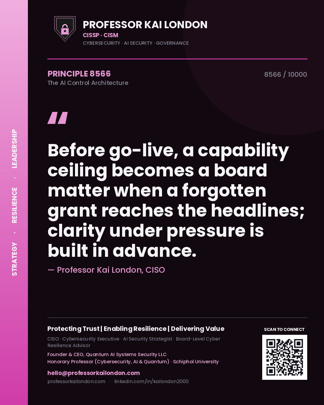 Professor Kai London principle 8566: Before go-live, a capability ceiling becomes a board matter when a forgotten grant reaches the headlines; clarity under pressure is built in advance.