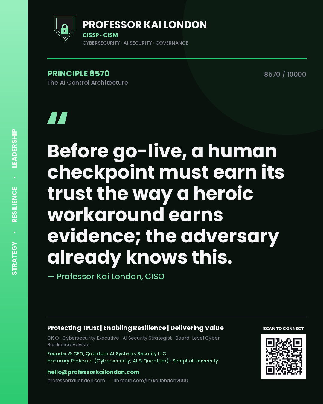 Quote card by Professor Kai London reading 'Before go-live, a human checkpoint must earn its trust the way a heroic workaround earns evidence; the adversary already knows this.'. From the book The AI Control Architecture.