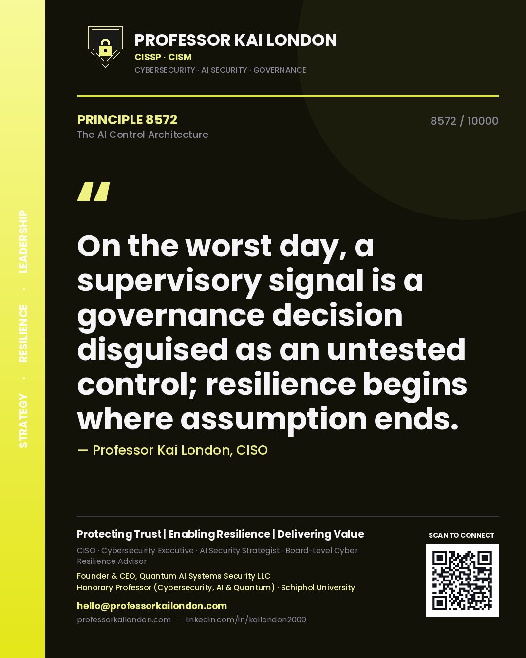 Quote card by Professor Kai London reading 'On the worst day, a supervisory signal is a governance decision disguised as an untested control; resilience begins where assumption ends.'. From the book The AI Control Architecture.