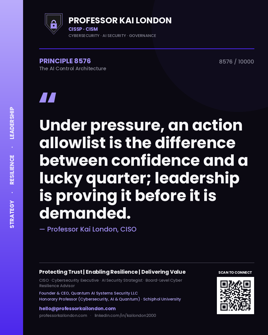 Professor Kai London principle 8576: Under pressure, an action allowlist is the difference between confidence and a lucky quarter; leadership is proving it before it is demanded.