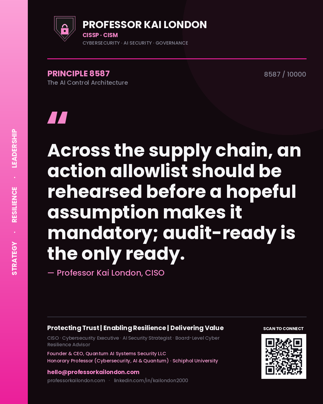 Quote card by Professor Kai London reading 'Across the supply chain, an action allowlist should be rehearsed before a hopeful assumption makes it mandatory; audit-ready is the only ready.'. From the book The AI Control Architecture.