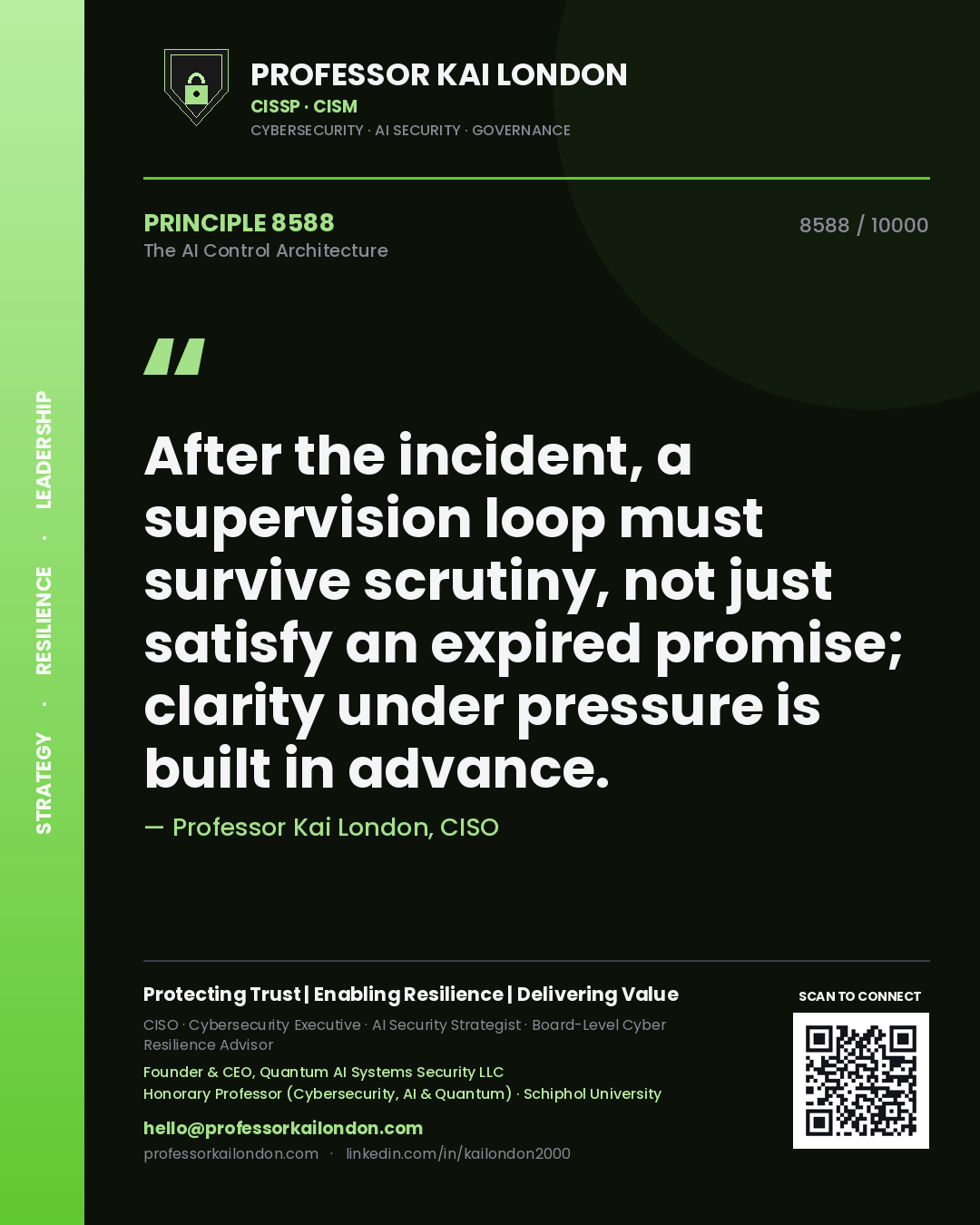 Quote card by Professor Kai London reading 'After the incident, a supervision loop must survive scrutiny, not just satisfy an expired promise; clarity under pressure is built in advance.'. From the book The AI Control Architecture.
