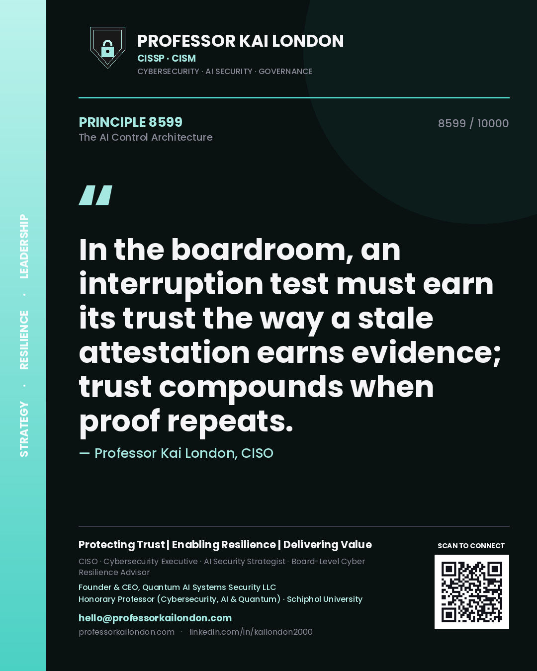 Professor Kai London principle 8599: In the boardroom, an interruption test must earn its trust the way a stale attestation earns evidence; trust compounds when proof repeats.