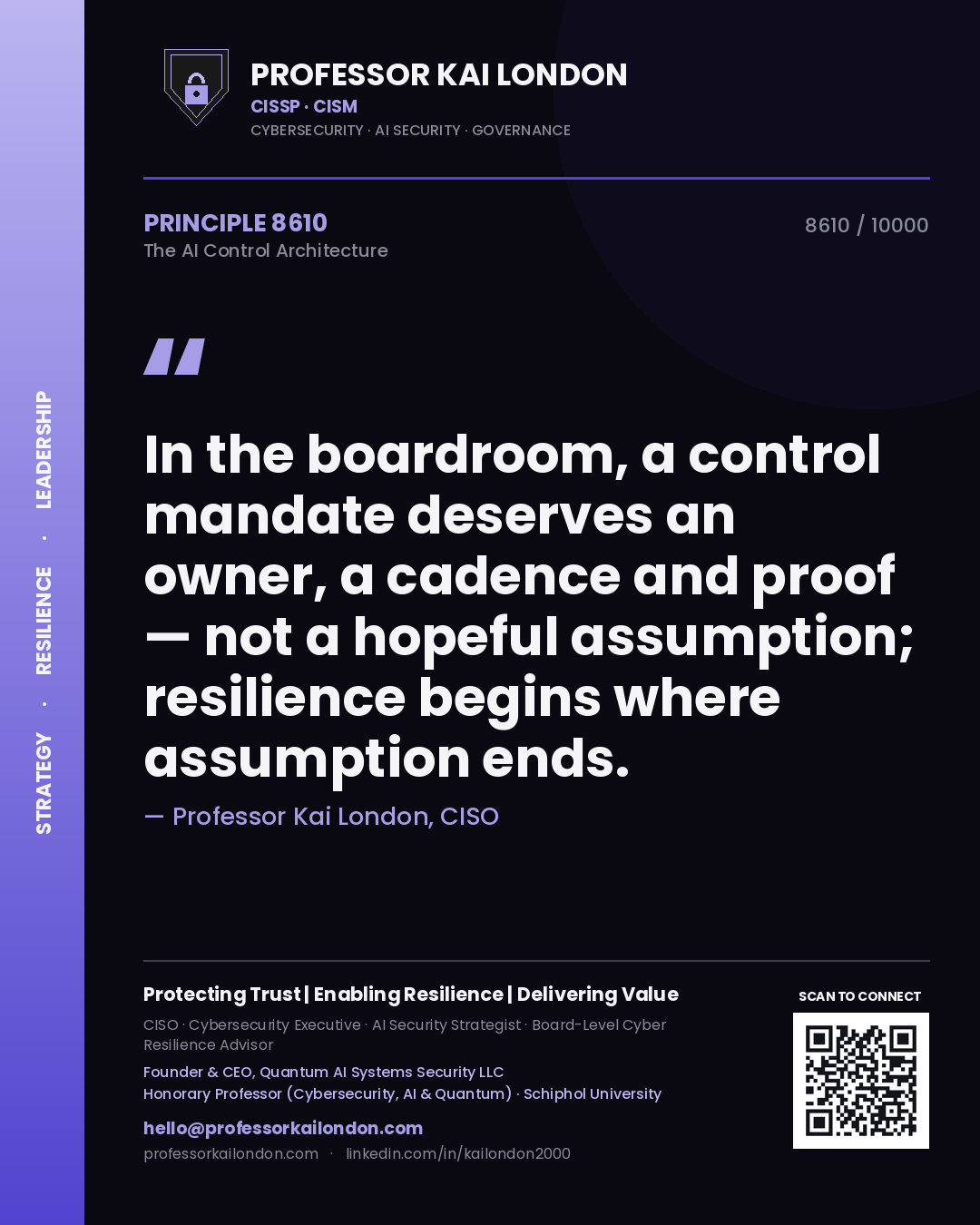 Quote card by Professor Kai London reading 'In the boardroom, a control mandate deserves an owner, a cadence and proof — not a hopeful assumption; resilience begins where assumption ends.'. From the book The AI Control Architecture.