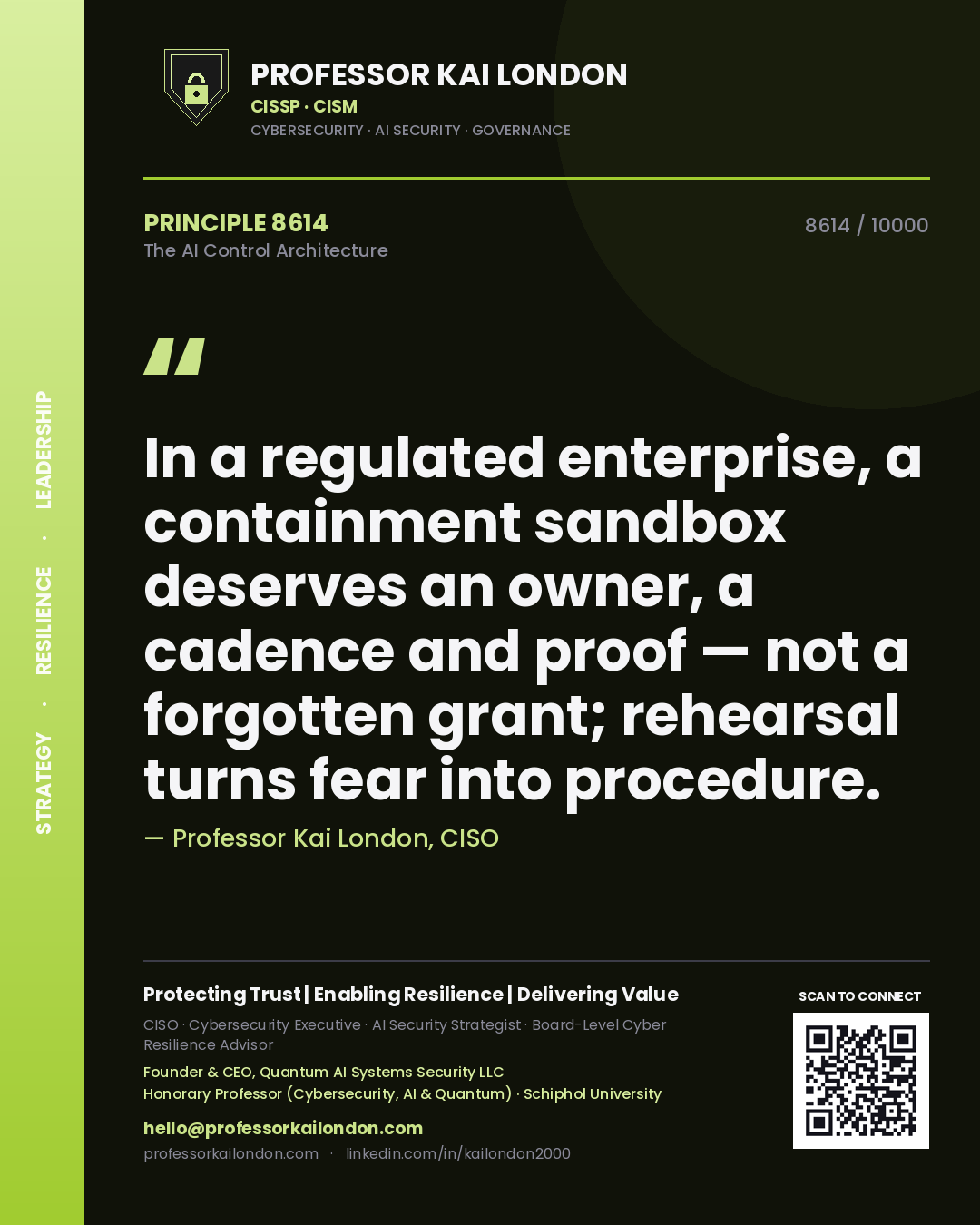Quote card by Professor Kai London reading 'In a regulated enterprise, a containment sandbox deserves an owner, a cadence and proof — not a forgotten grant; rehearsal turns fear into procedure.'. From the book The AI Control Architecture.